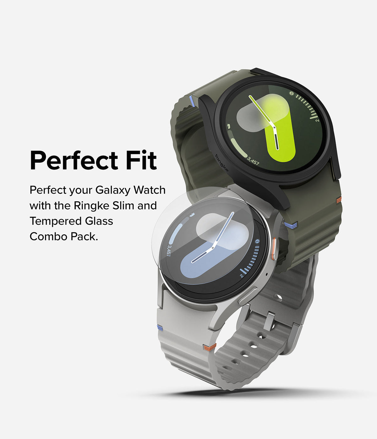 Galaxy Watch 7 (40mm) | Slim & Glass - Two Galaxy Watches with protective cases and glass screen protectors.