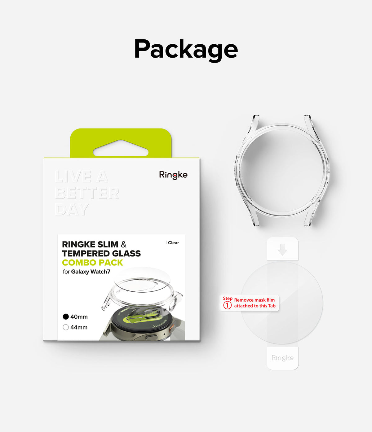 Galaxy Watch 7 (40mm) | Slim & Glass - Ringke clear protective case and tempered glass screen protector for Galaxy Watch 7.