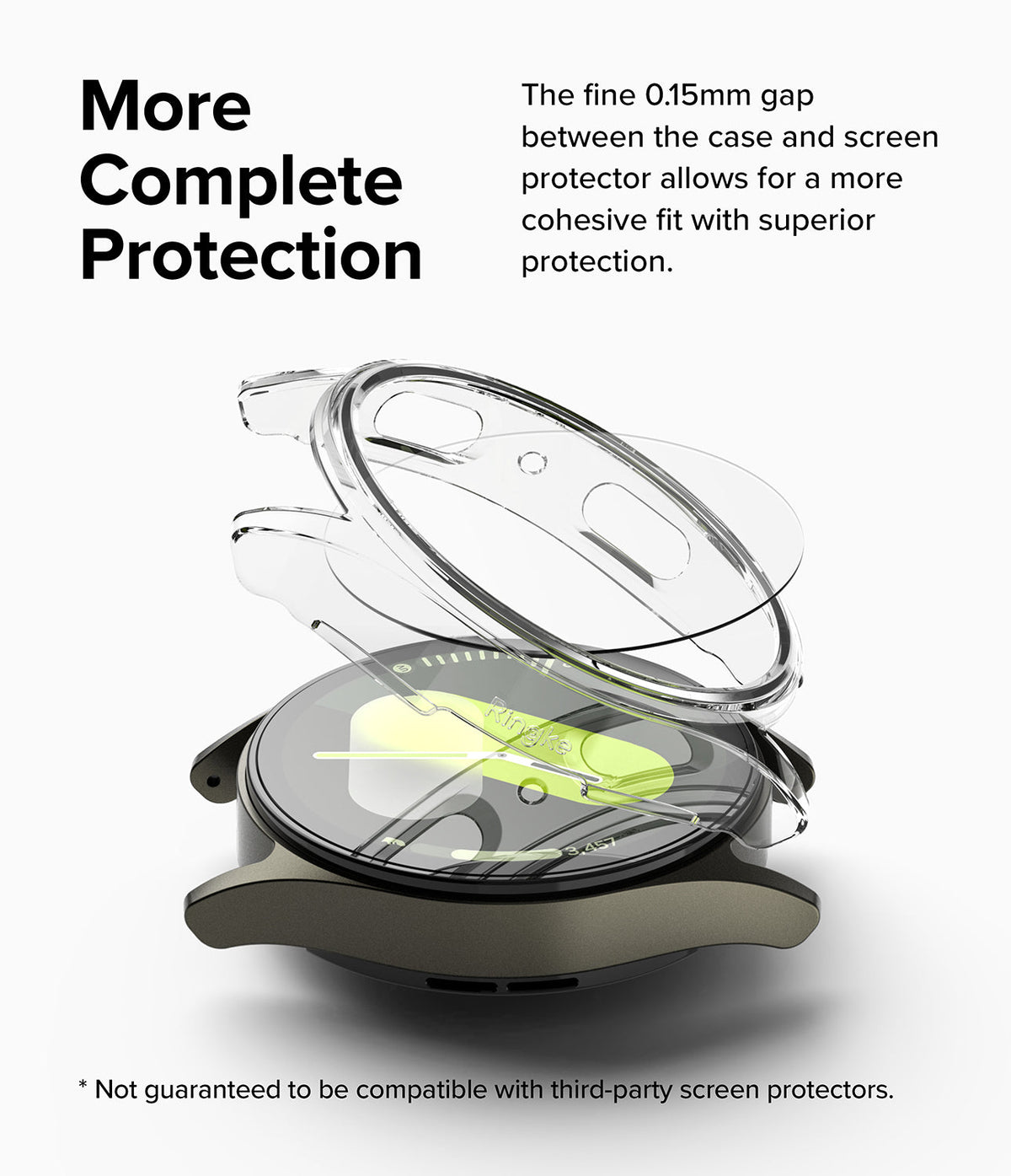 Galaxy Watch 7 (44mm) | Slim & Glass - Transparent watch case and screen protector hovering above a Galaxy Watch 7.