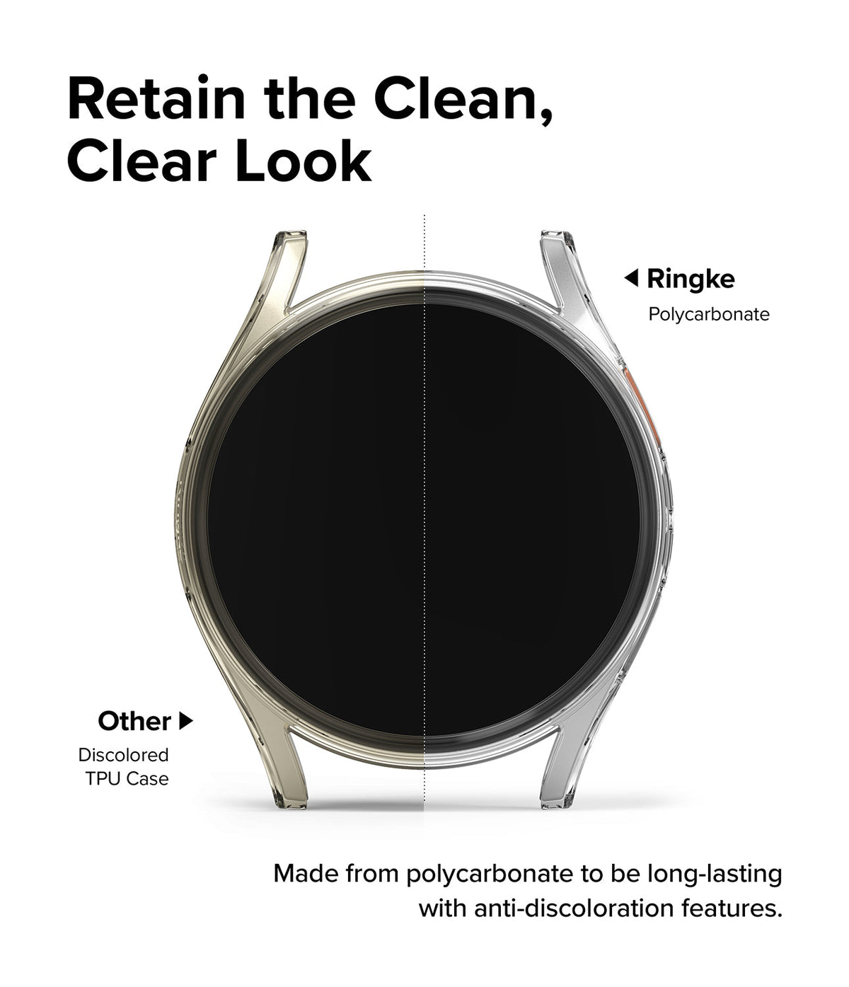 Galaxy Watch 7 (44mm) | Slim & Glass - Comparison showing a clear Ringke polycarbonate case versus a yellowed TPU case.