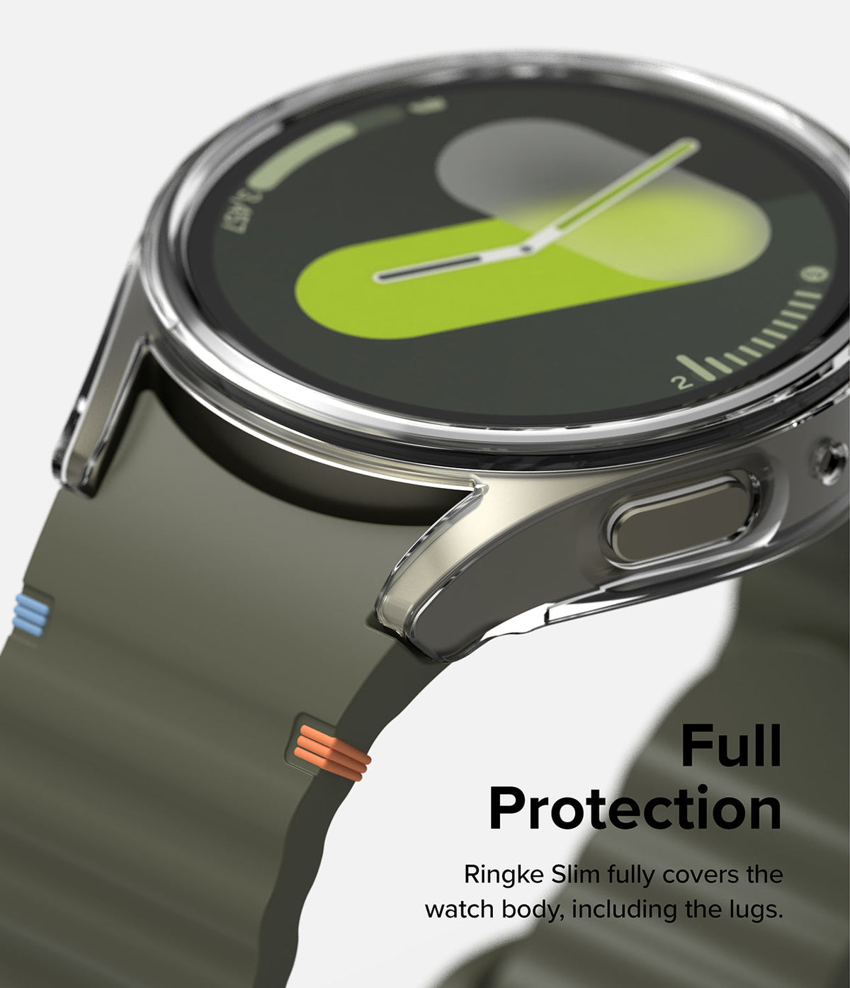 Galaxy Watch 7 (40mm) | Slim & Glass - Clear protective case on a Galaxy Watch 7 with a green band and digital face.