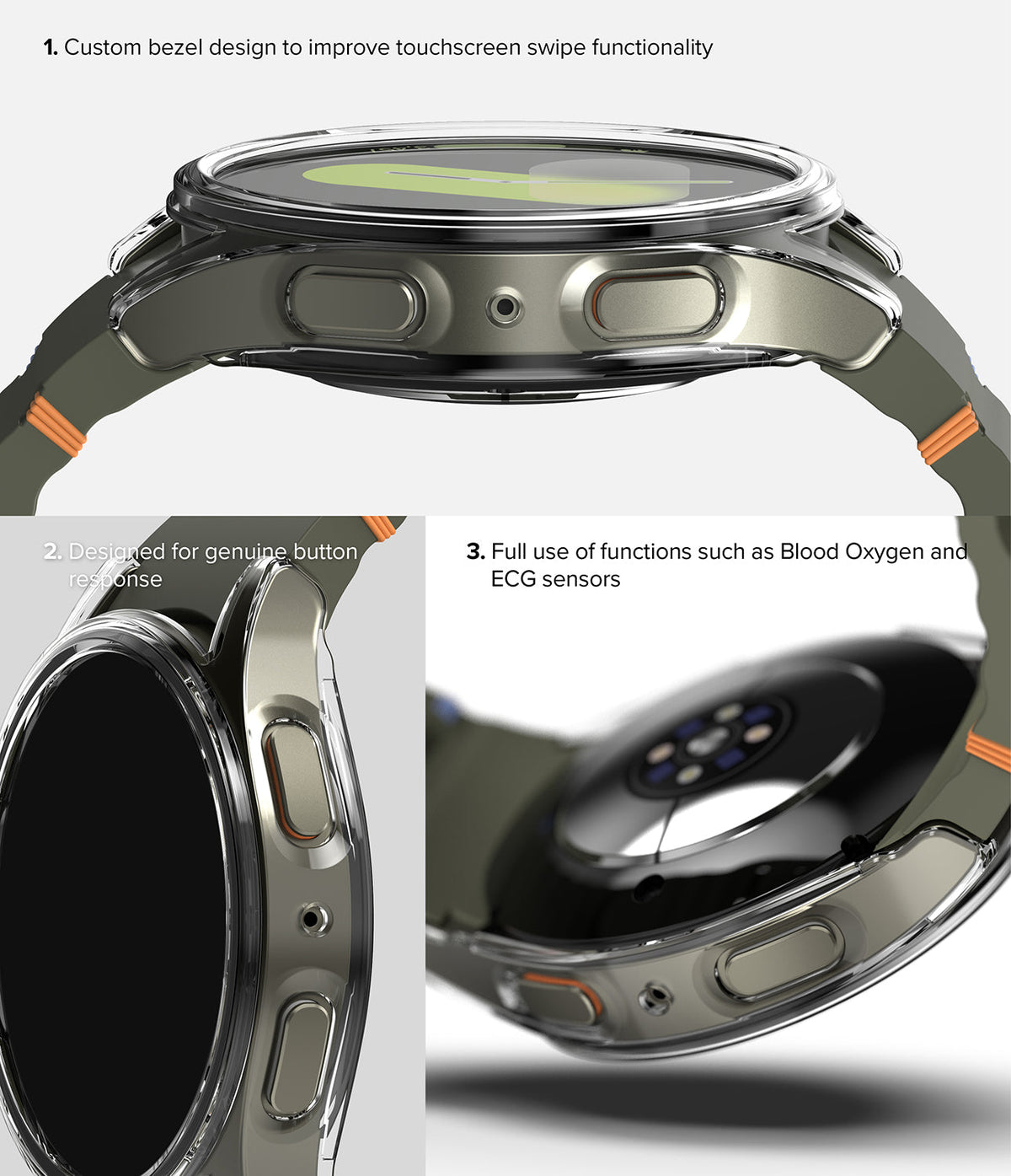 Galaxy Watch 7 (40mm) | Slim & Glass - Close-up views of a clear protective case on a smartwatch highlighting buttons and sensors.