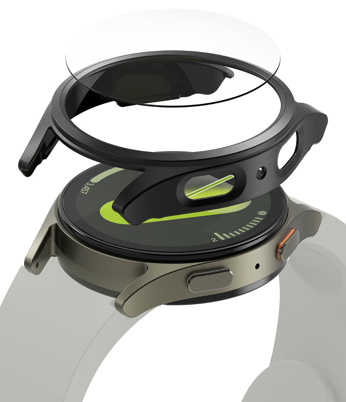 Galaxy Watch 7 (40mm) | Slim & Glass - Exploded view of a smartwatch with a protective black frame and glass screen cover.