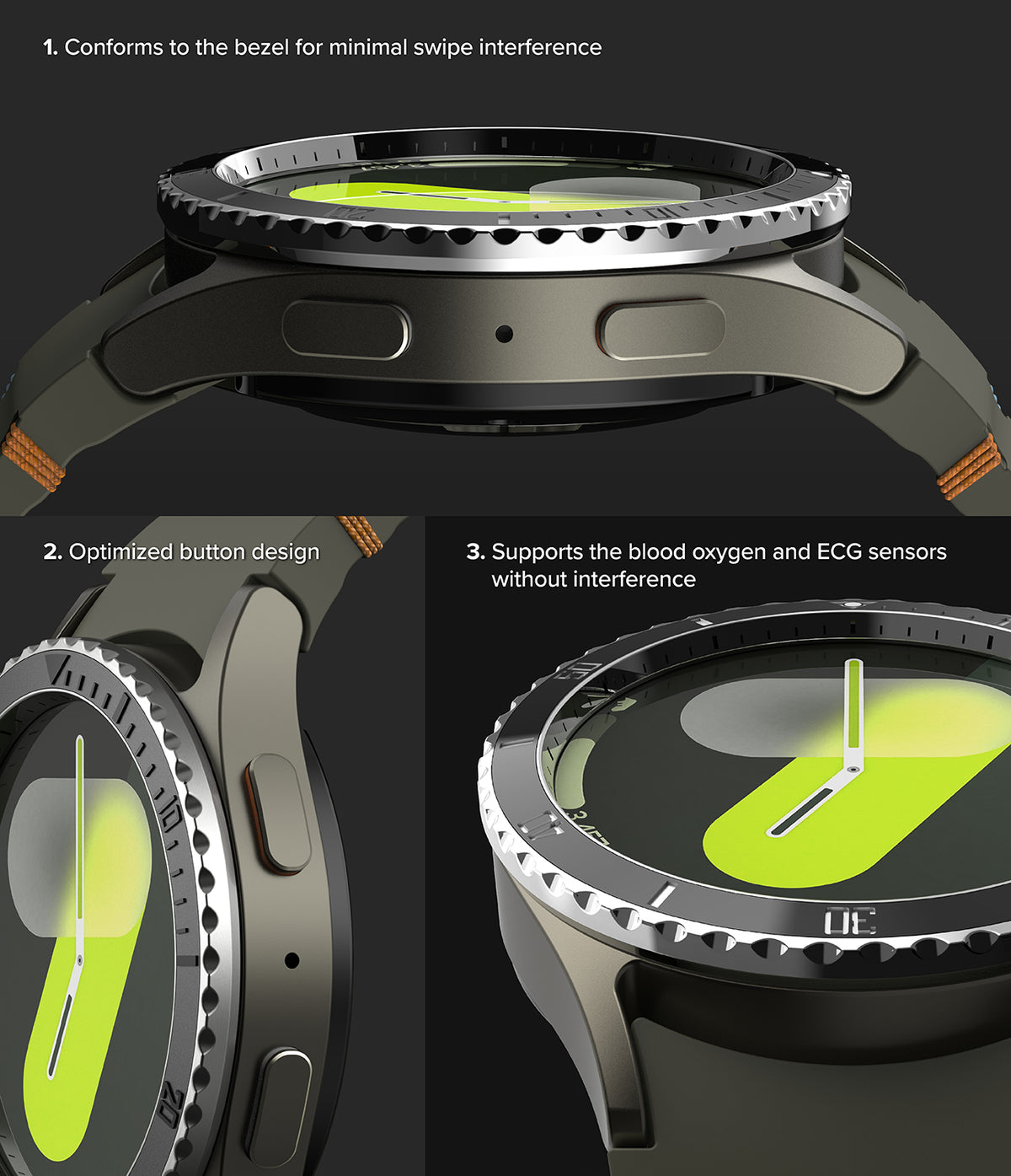 Galaxy Watch 7 44mm | Bezel Styling Premium & Glass - Close-up views of watch bezel, buttons, and sensor compatibility.