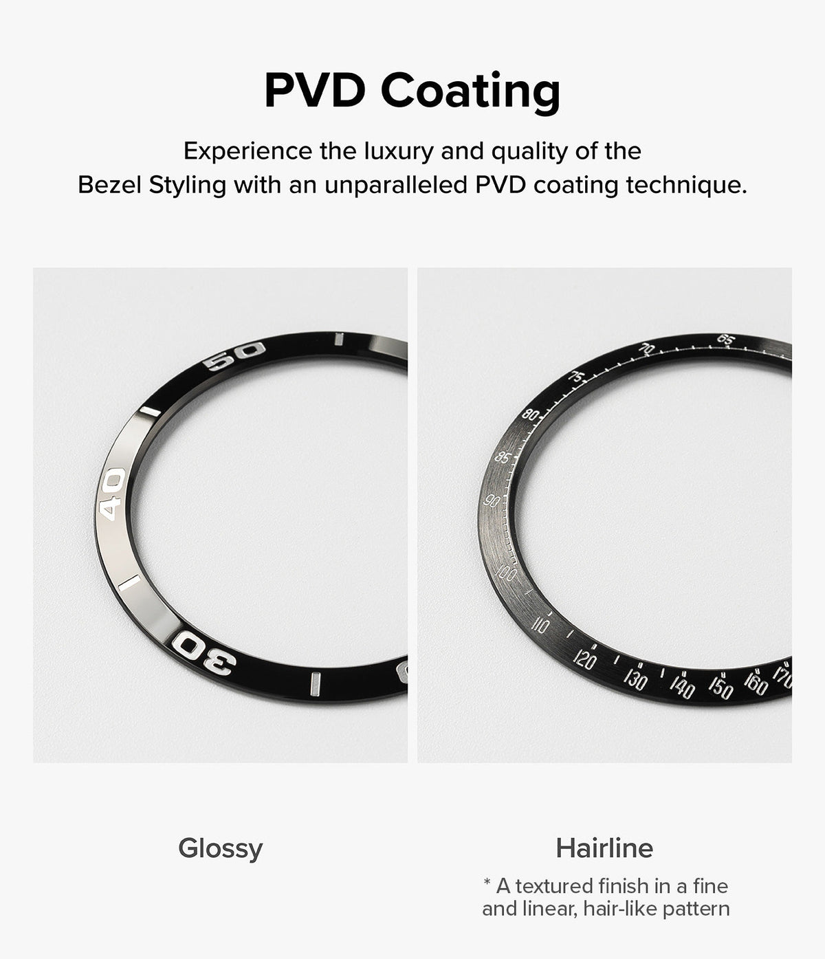Galaxy Watch Ultra | Bezel Styling & Glass - Comparison of glossy and brushed hairline PVD coated watch bezels.