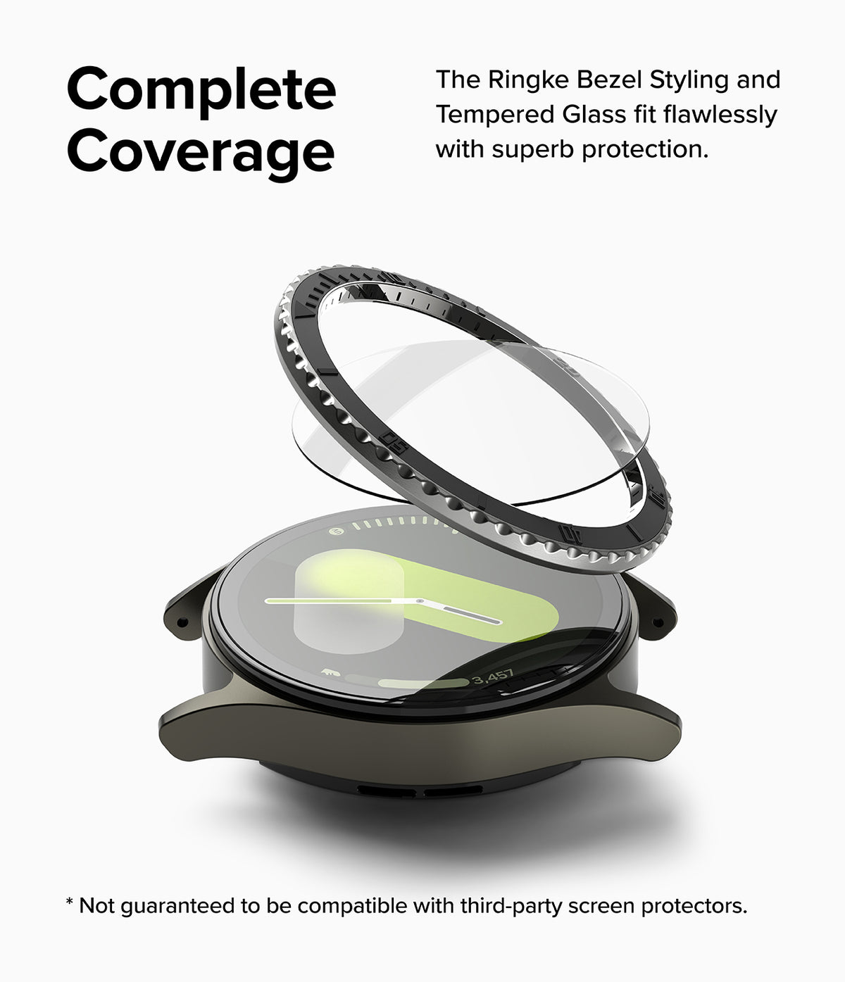 Galaxy Watch 7 44mm | Bezel Styling Premium & Glass - Exploded view of a smartwatch with a protective bezel and glass.