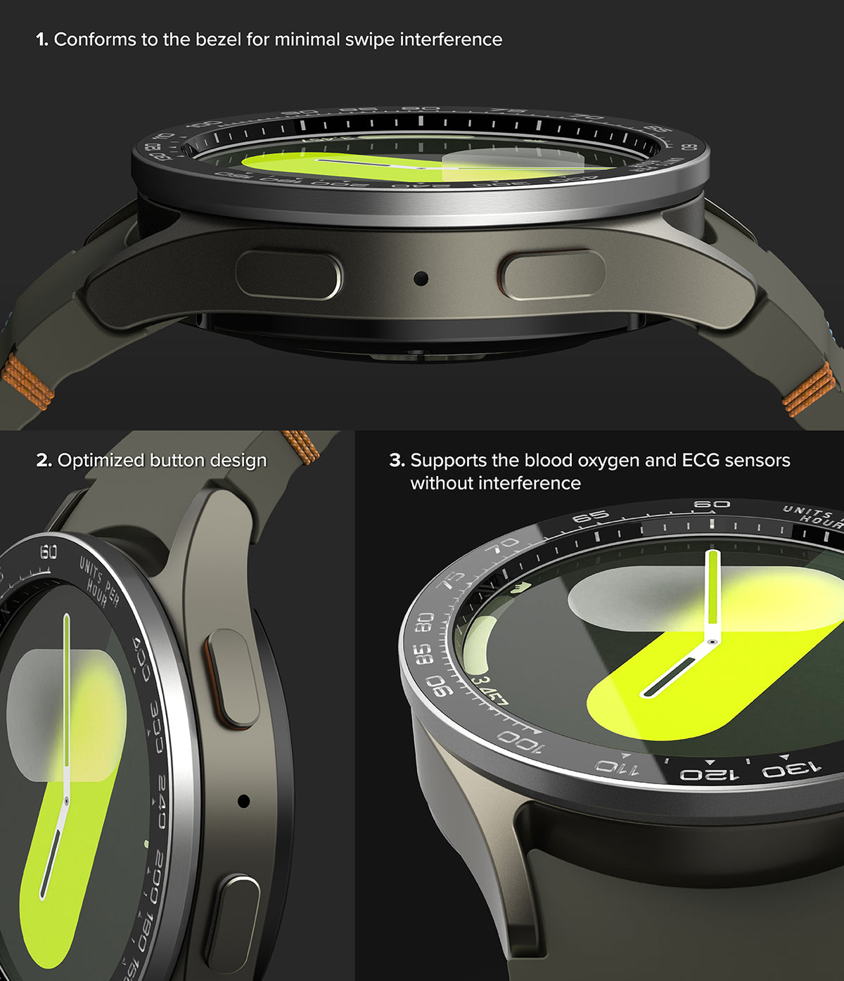 Galaxy Watch 7 44mm | Bezel Styling Premium & Glass - Three close-up views highlighting bezel fit, buttons, and sensors.