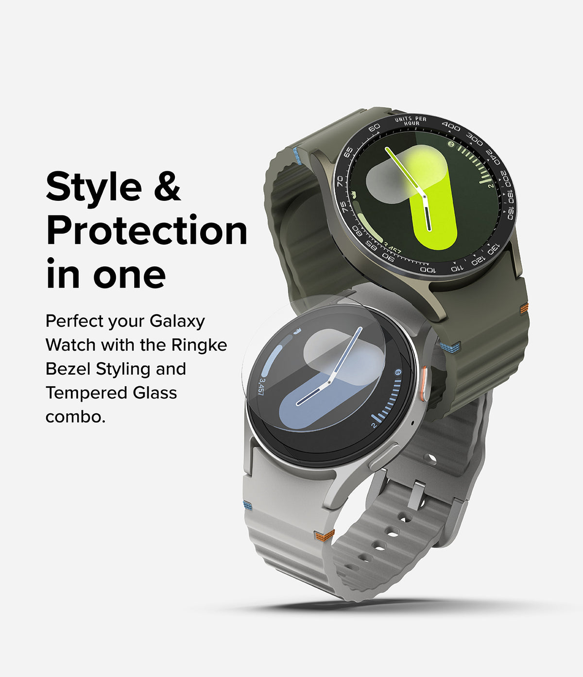 Galaxy Watch 7 44mm | Bezel Styling Premium & Glass - Two Galaxy Watches with protective bezels and glass screen covers.