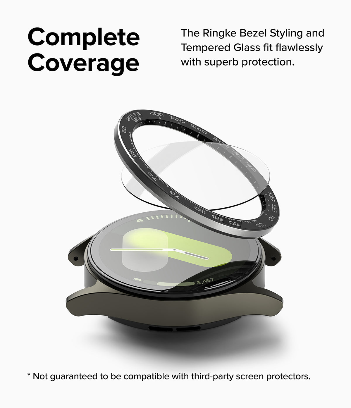 Galaxy Watch 7 44mm | Bezel Styling Premium & Glass - A black tachymeter bezel and glass screen protector hovering above a watch.