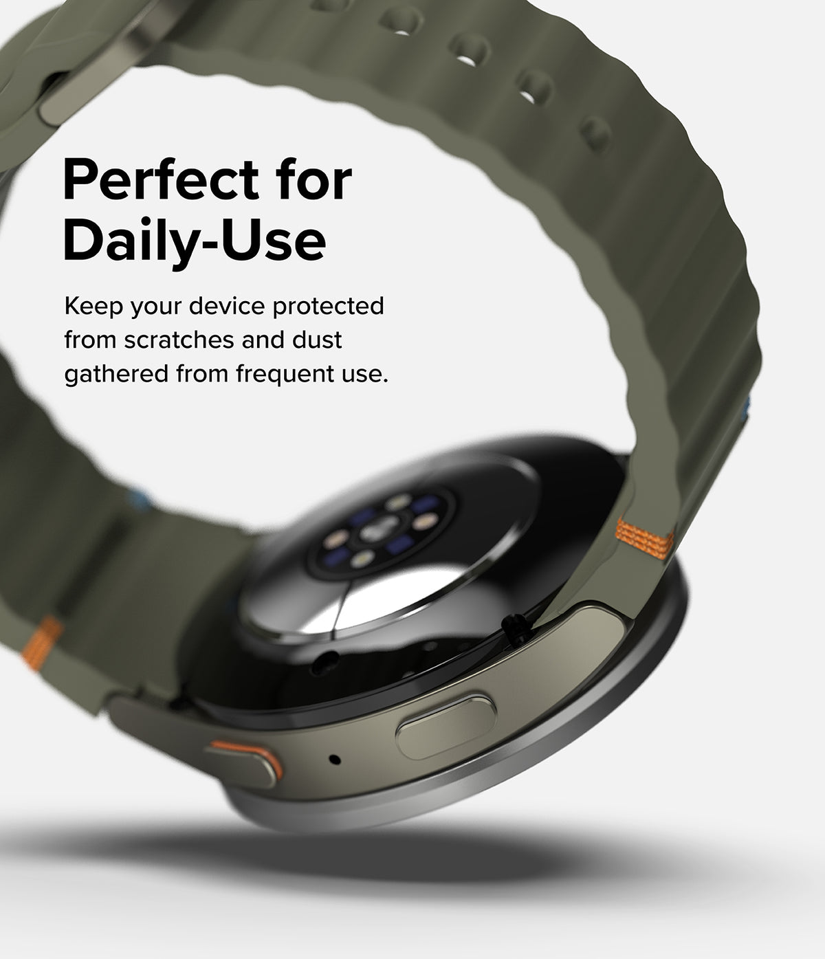 Galaxy Watch 7 44mm | Bezel Styling Premium & Glass - Olive green watch with protective bezel and strap on white background.