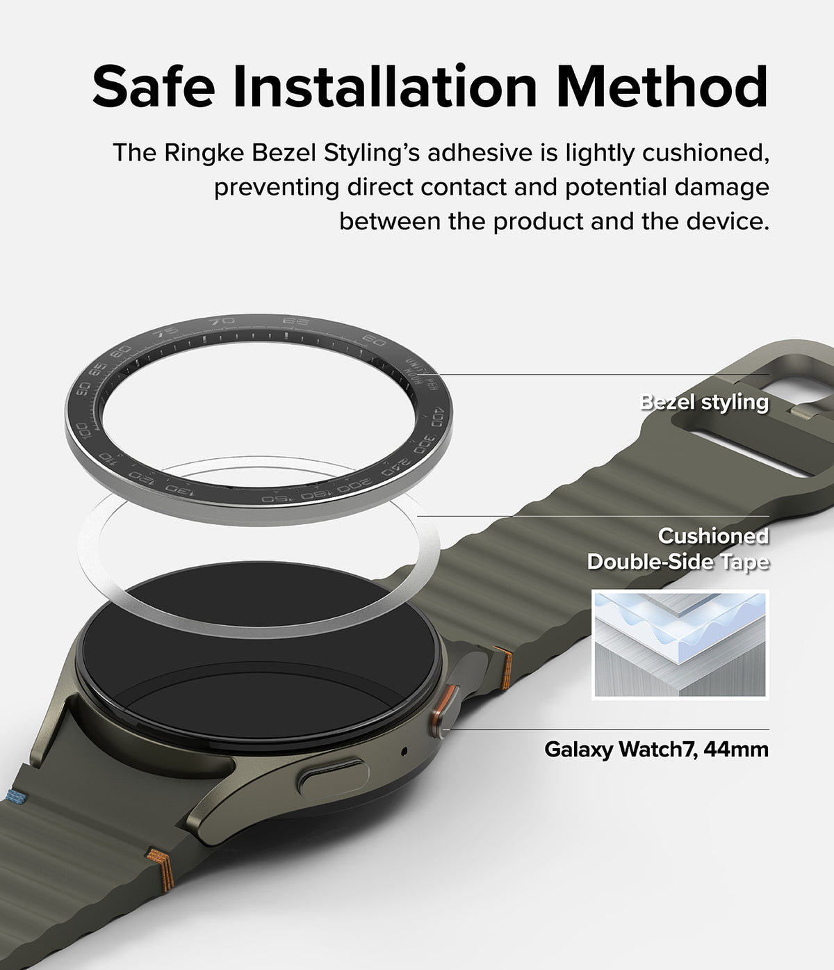 Galaxy Watch 7 44mm | Bezel Styling Premium & Glass - Exploded view showing bezel, adhesive ring, and watch body.