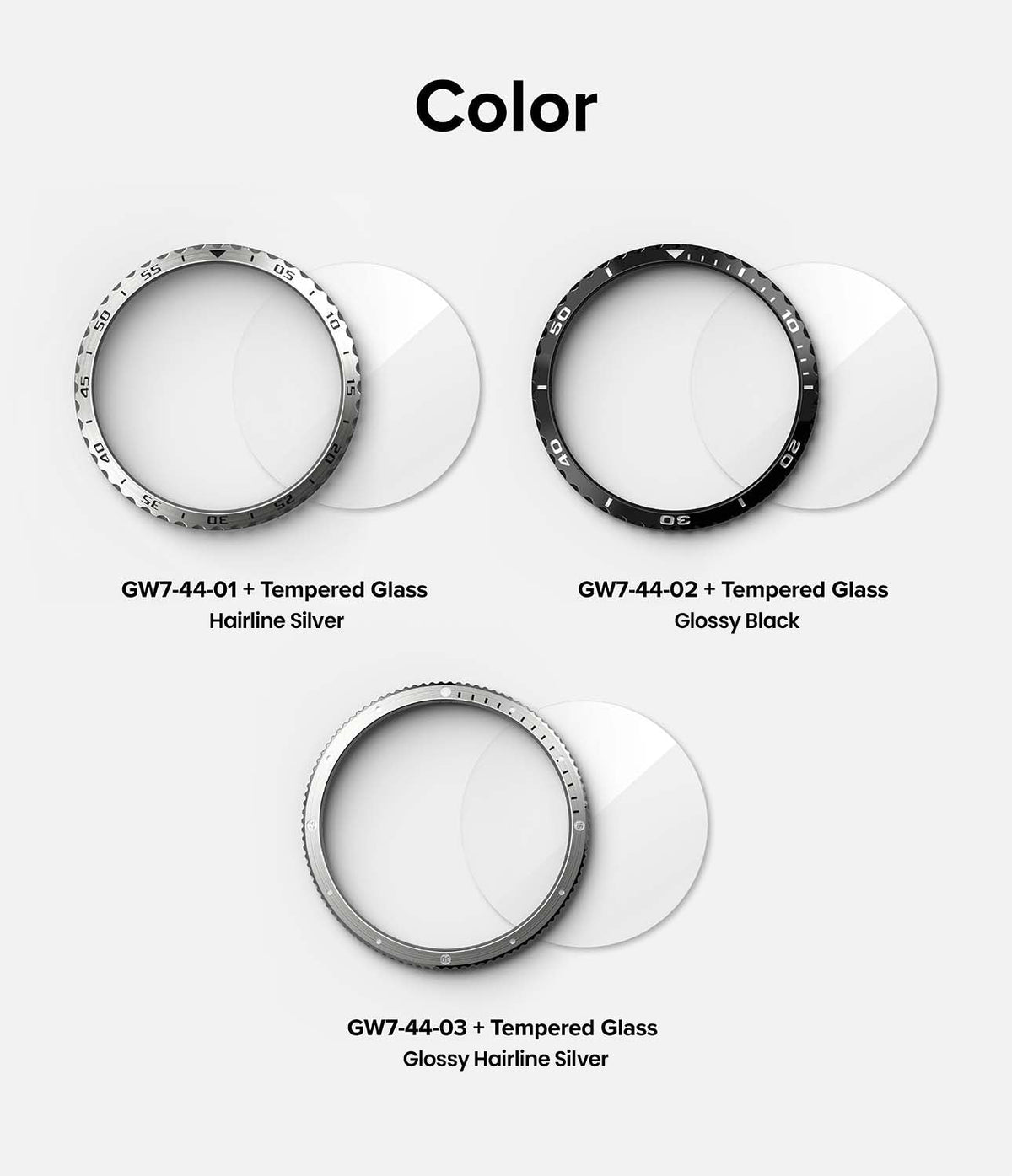 Galaxy Watch 7 (44mm) | Bezel Styling & Glass - Three sets of watch bezels and tempered glass screens in silver and black.
