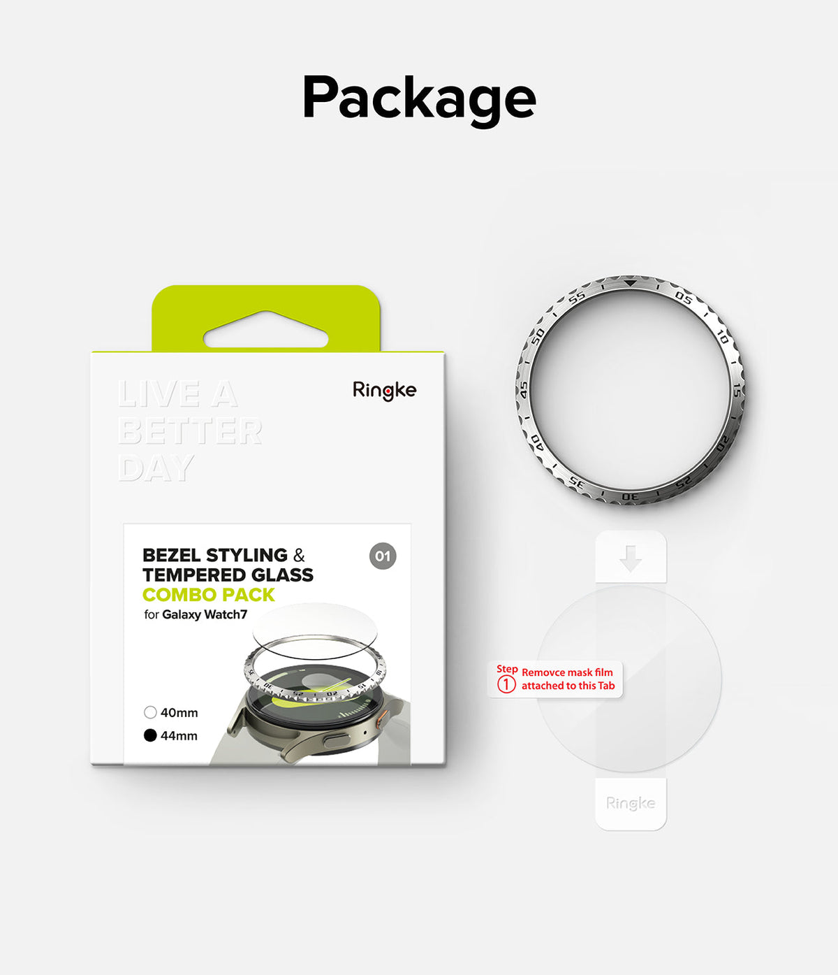 Galaxy Watch 7 (44mm) | Bezel Styling & Glass - Ringke bezel styling kit with metal ring and tempered glass screen protector.