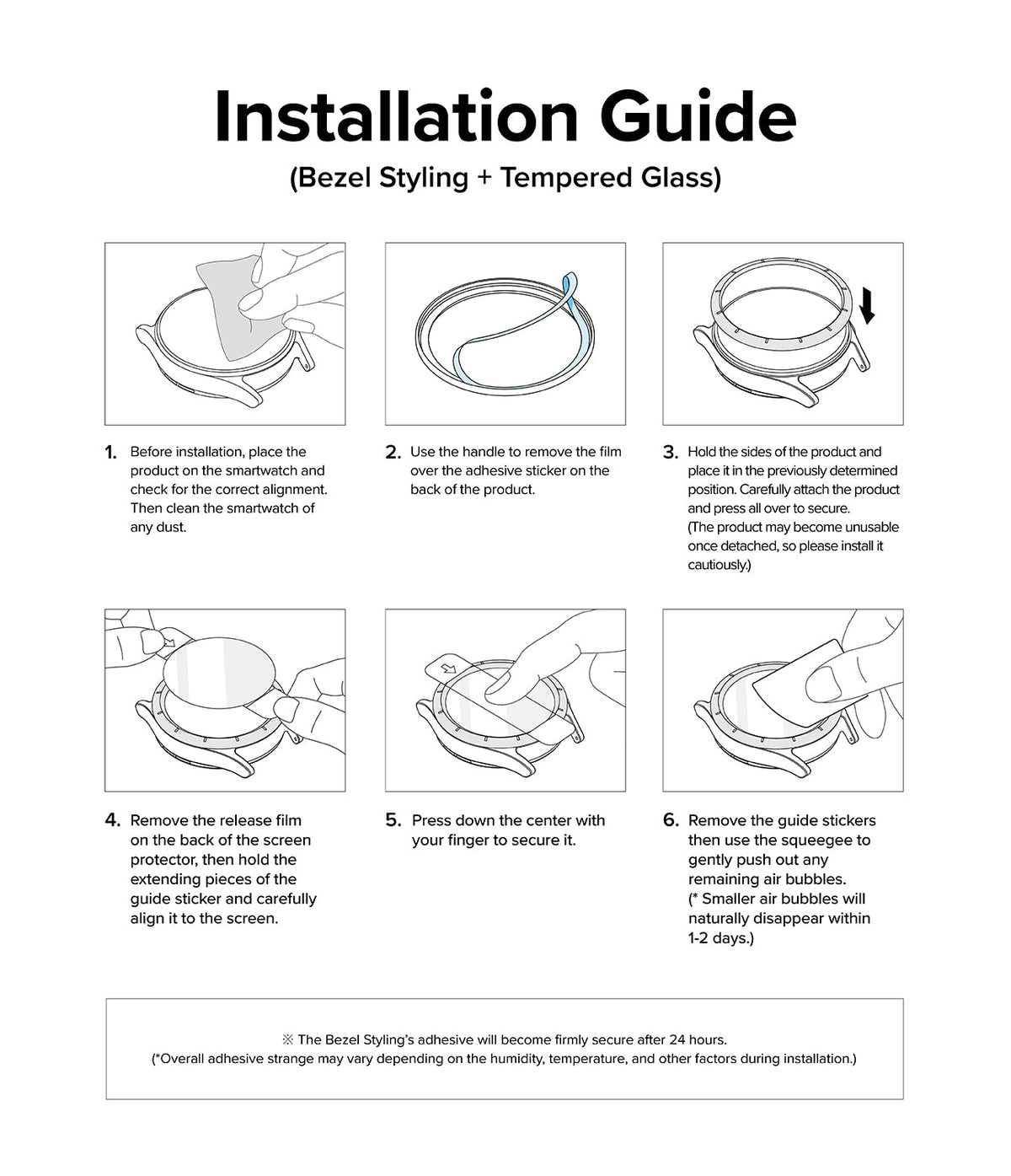 Galaxy Watch 7 (44mm) | Bezel Styling & Glass - Six-step illustrated guide for installing a watch bezel and screen protector.