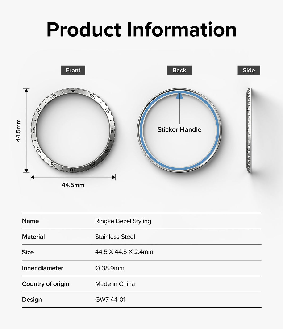 Galaxy Watch 7 (44mm) | Bezel Styling & Glass - Technical diagram showing front, back, and side views with dimensions.
