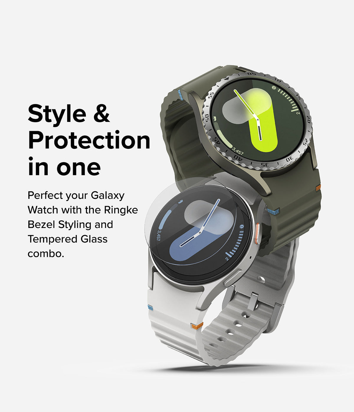 Galaxy Watch 7 (44mm) | Bezel Styling & Glass - Two Galaxy Watches with protective bezel rings and glass screen covers.