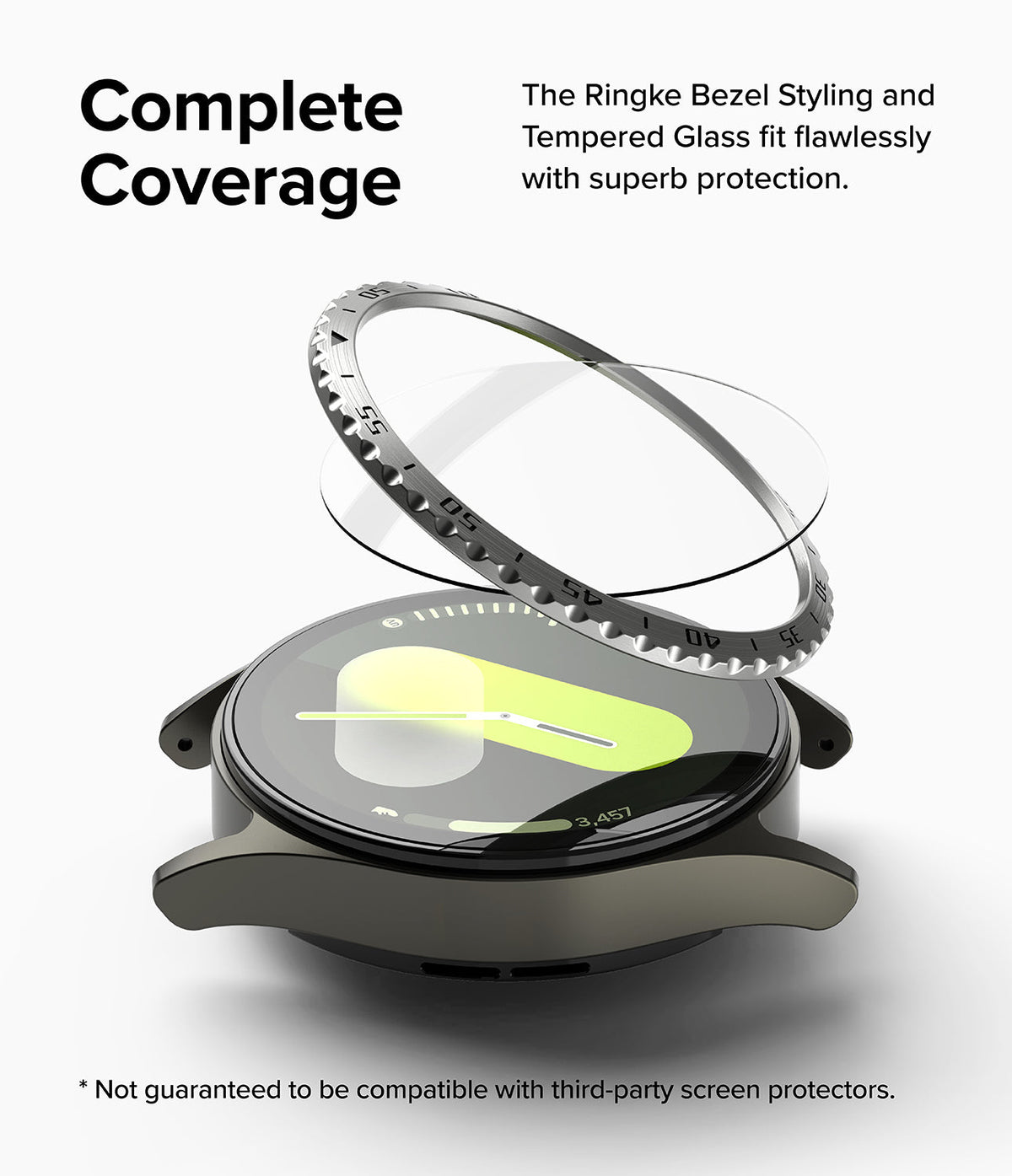 Galaxy Watch 7 (44mm) | Bezel Styling & Glass - Exploded view of a smartwatch with a metal bezel ring and glass screen protector.