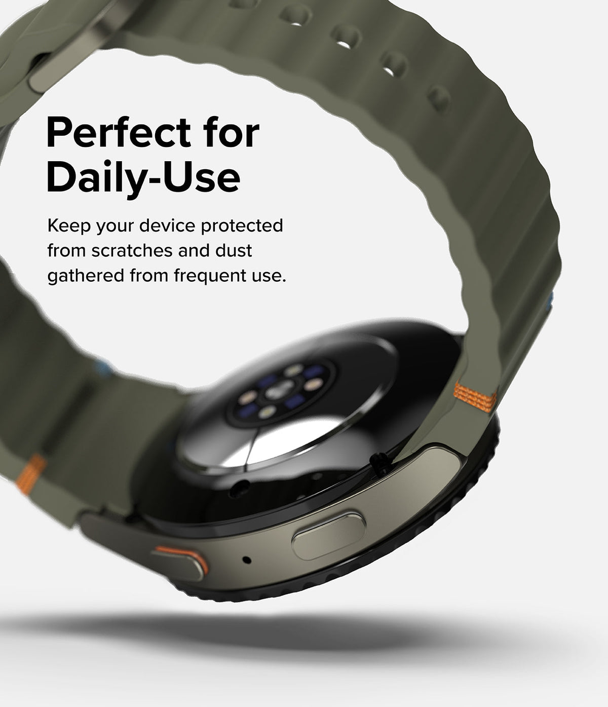 Galaxy Watch 7 (44mm) | Bezel Styling & Glass - Side view of a Galaxy Watch 7 with an olive strap and protective bezel.