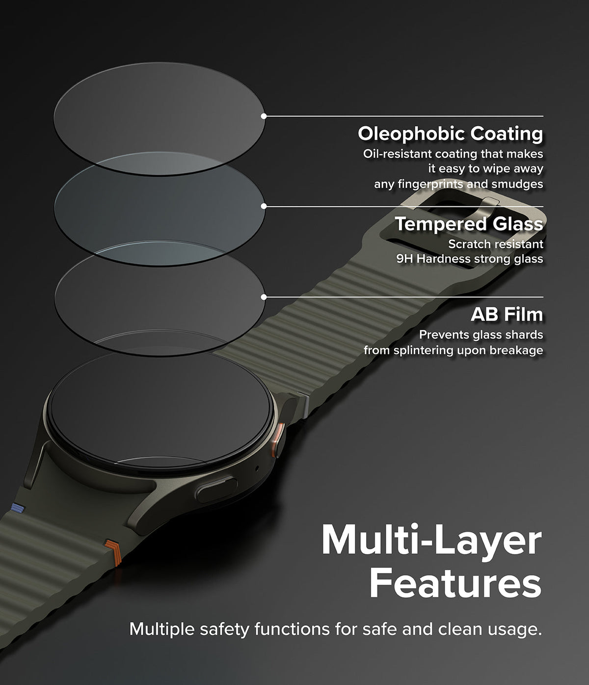 Galaxy Watch 7 (44mm) | Bezel Styling & Glass - Exploded view of screen protector layers showing oleophobic, tempered, and AB film.