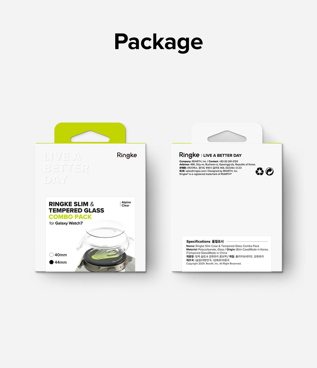 Galaxy Watch 7 (44mm) | Slim & Glass - Front and back view of Ringke protective case and glass screen protector packaging.