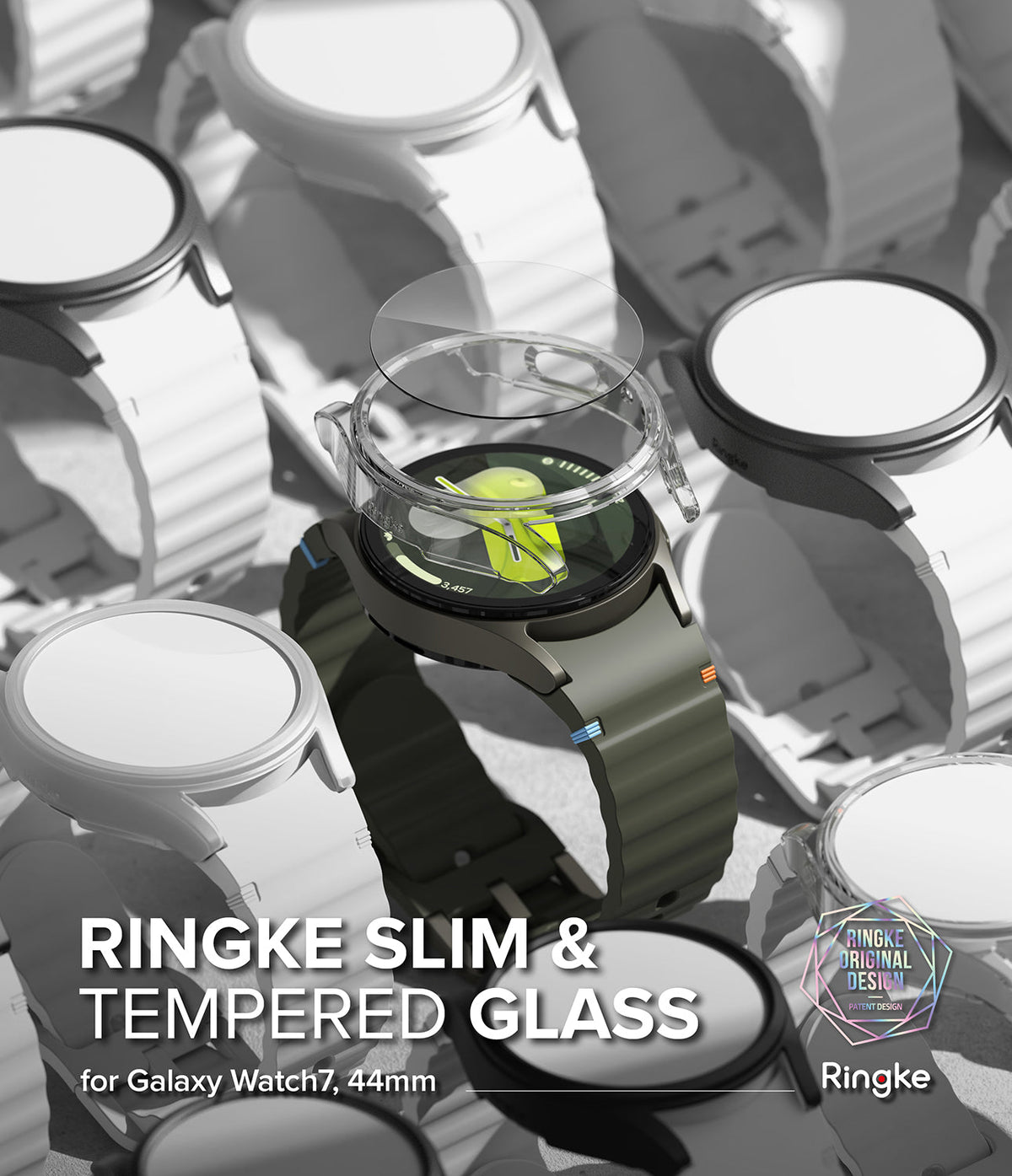 Galaxy Watch 7 (44mm) | Slim & Glass - A clear protective case and glass screen protector hovering over a Galaxy Watch 7.