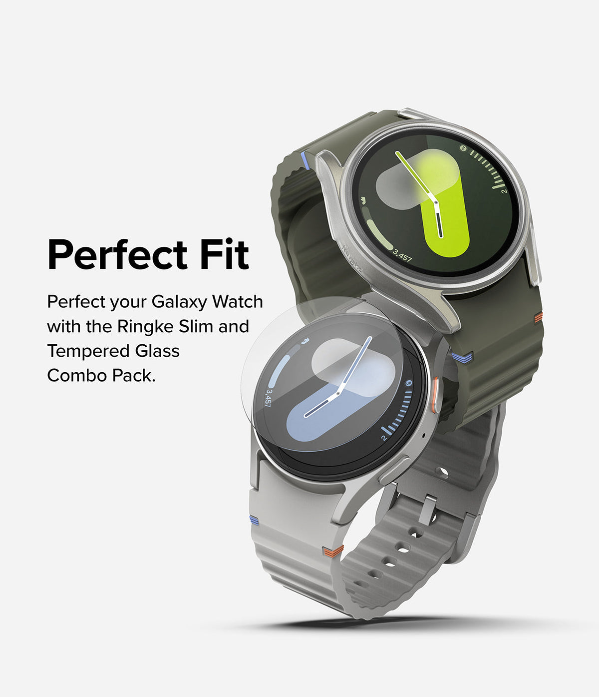 Galaxy Watch 7 (44mm) | Slim & Glass - Two Galaxy Watches with protective slim cases and tempered glass screen protectors.