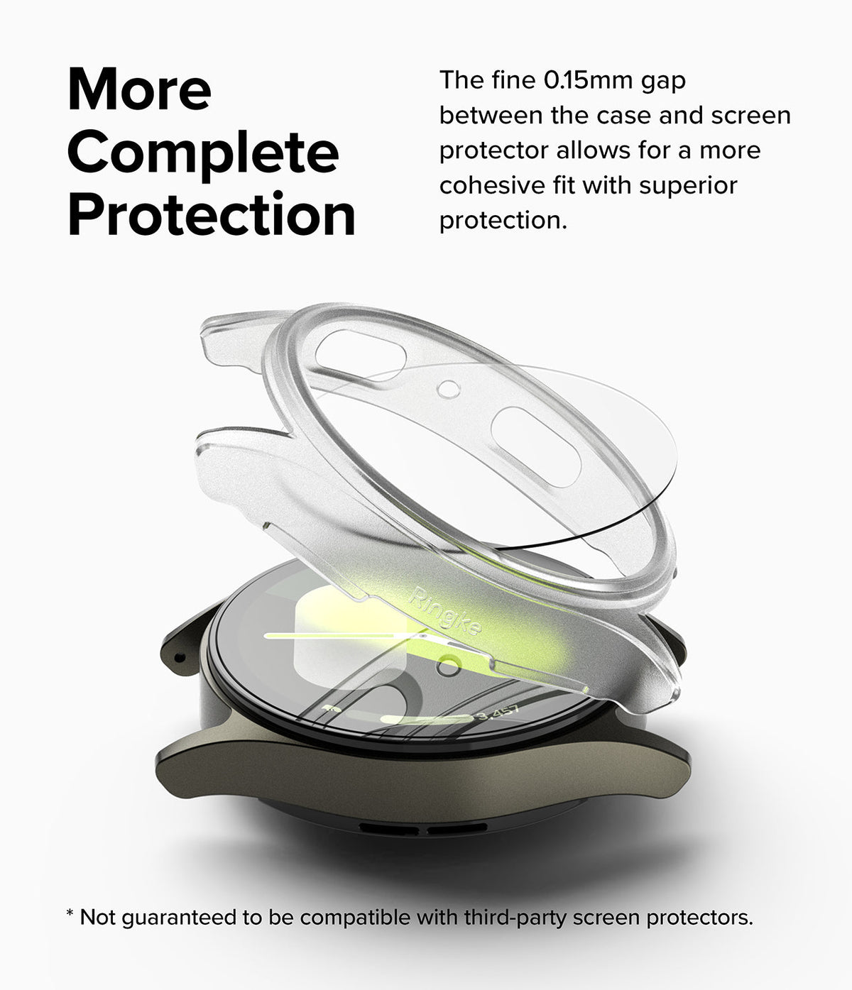 Galaxy Watch 7 (44mm) | Slim & Glass - Exploded view of a watch case and screen protector hovering over a Galaxy Watch.