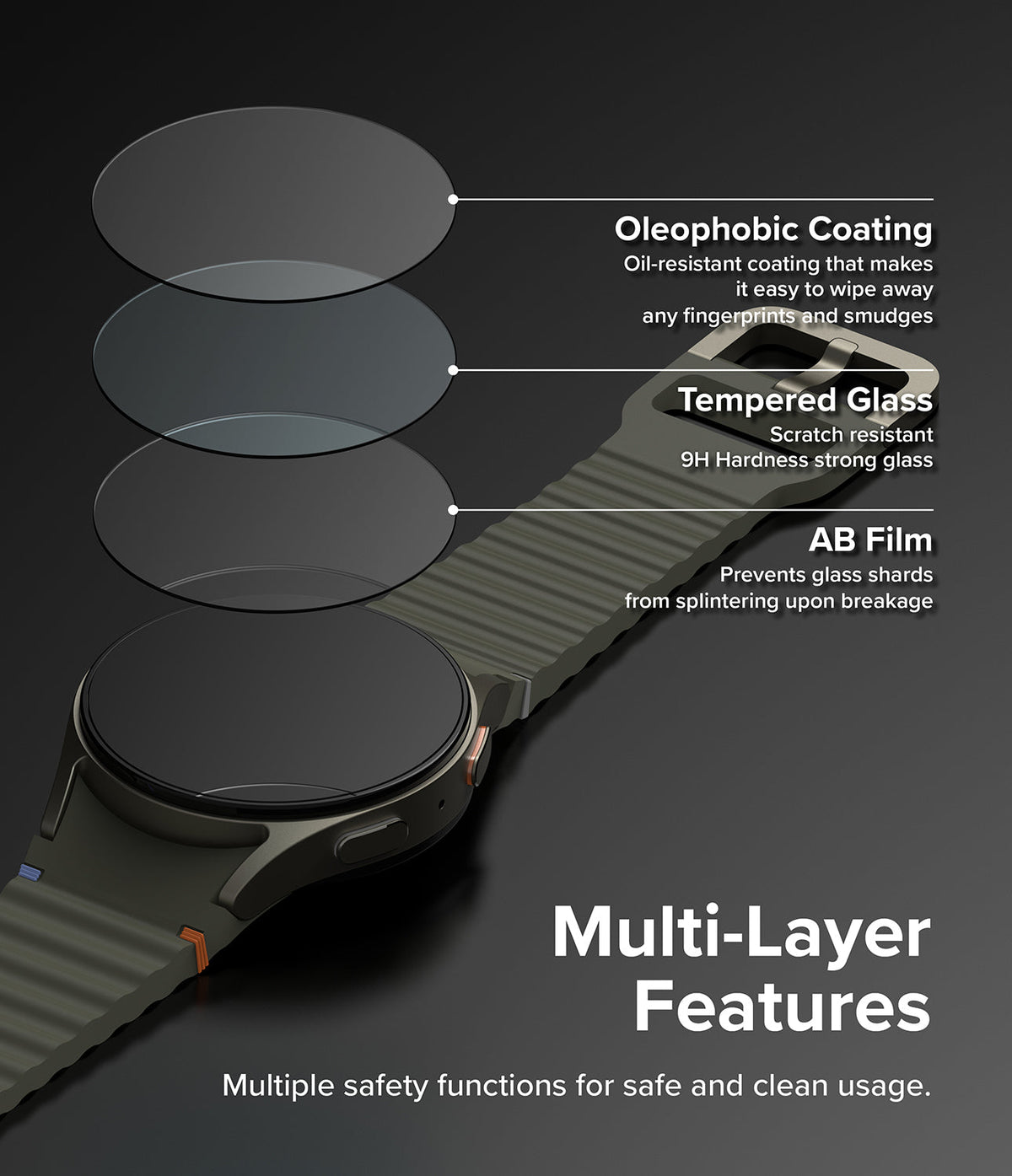 Galaxy Watch 7 (44mm) | Slim & Glass - Exploded view of screen protector layers showing oleophobic coating, glass, and film.