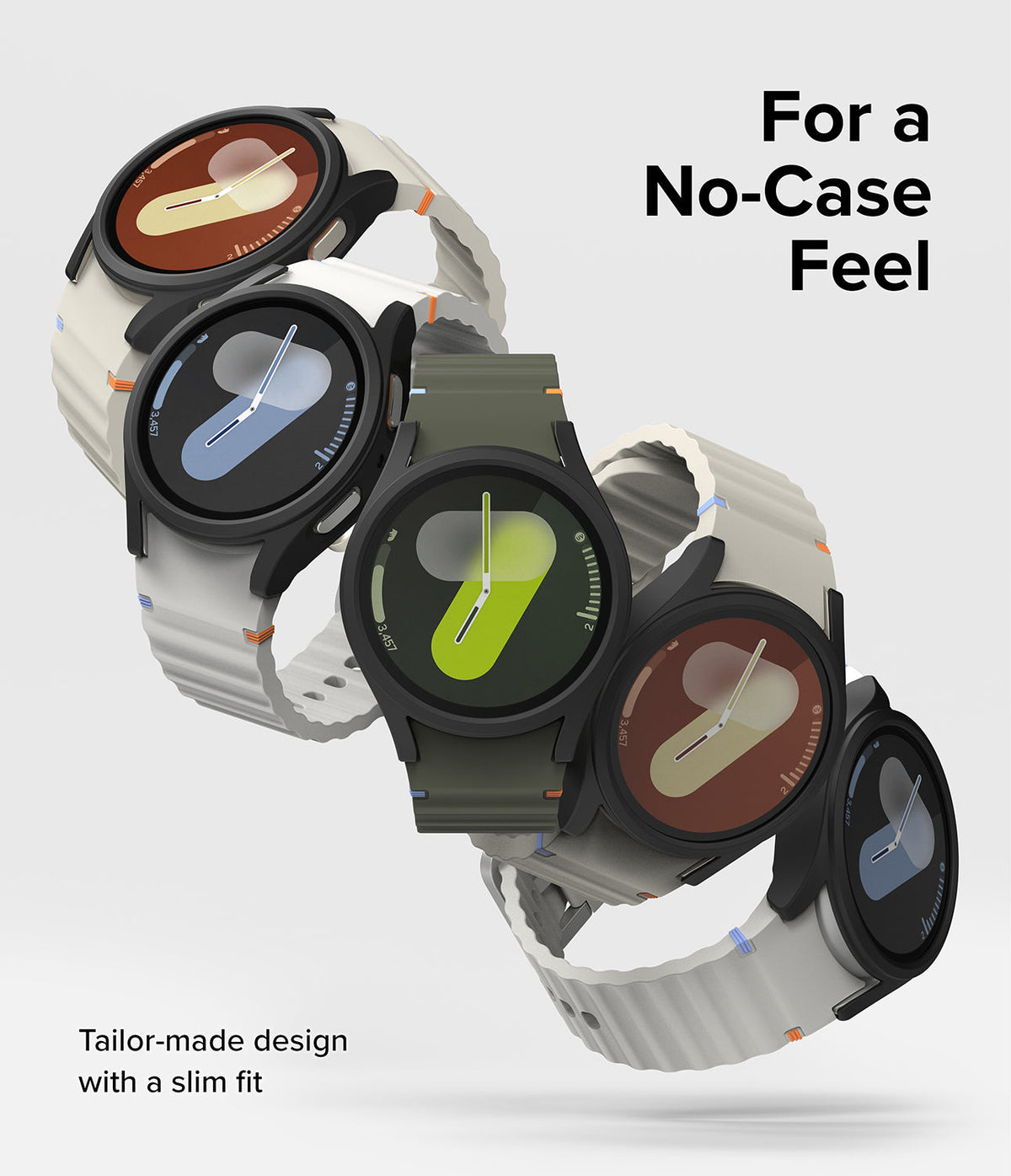 Galaxy Watch 7 (44mm) | Slim & Glass - Five Galaxy Watch 7 units with colorful watch faces arranged in a diagonal arc.
