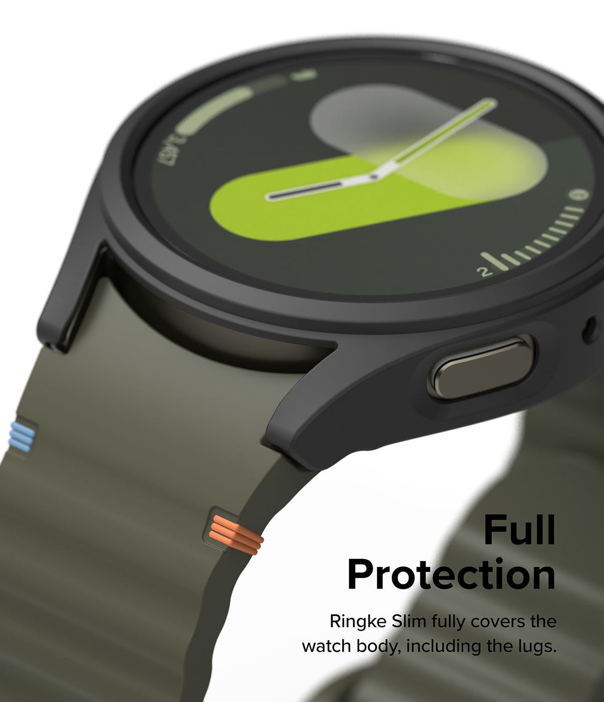 Galaxy Watch 7 (44mm) | Slim & Glass - Close-up of a black protective case on a Galaxy Watch 7 with a green silicone band.
