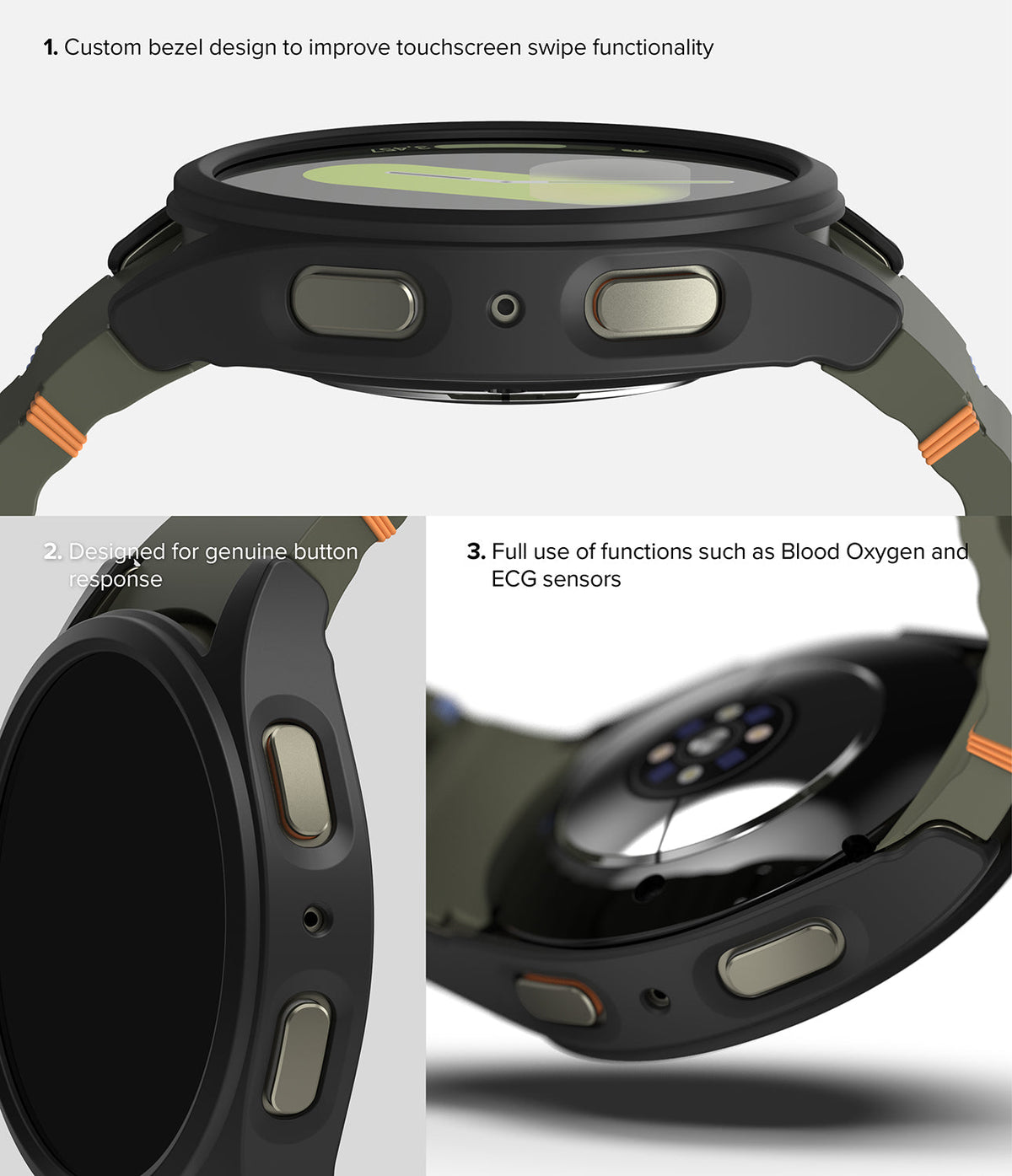 Galaxy Watch 7 (44mm) | Slim & Glass - Close-up views of a protective watch case highlighting bezel, buttons, and sensors.