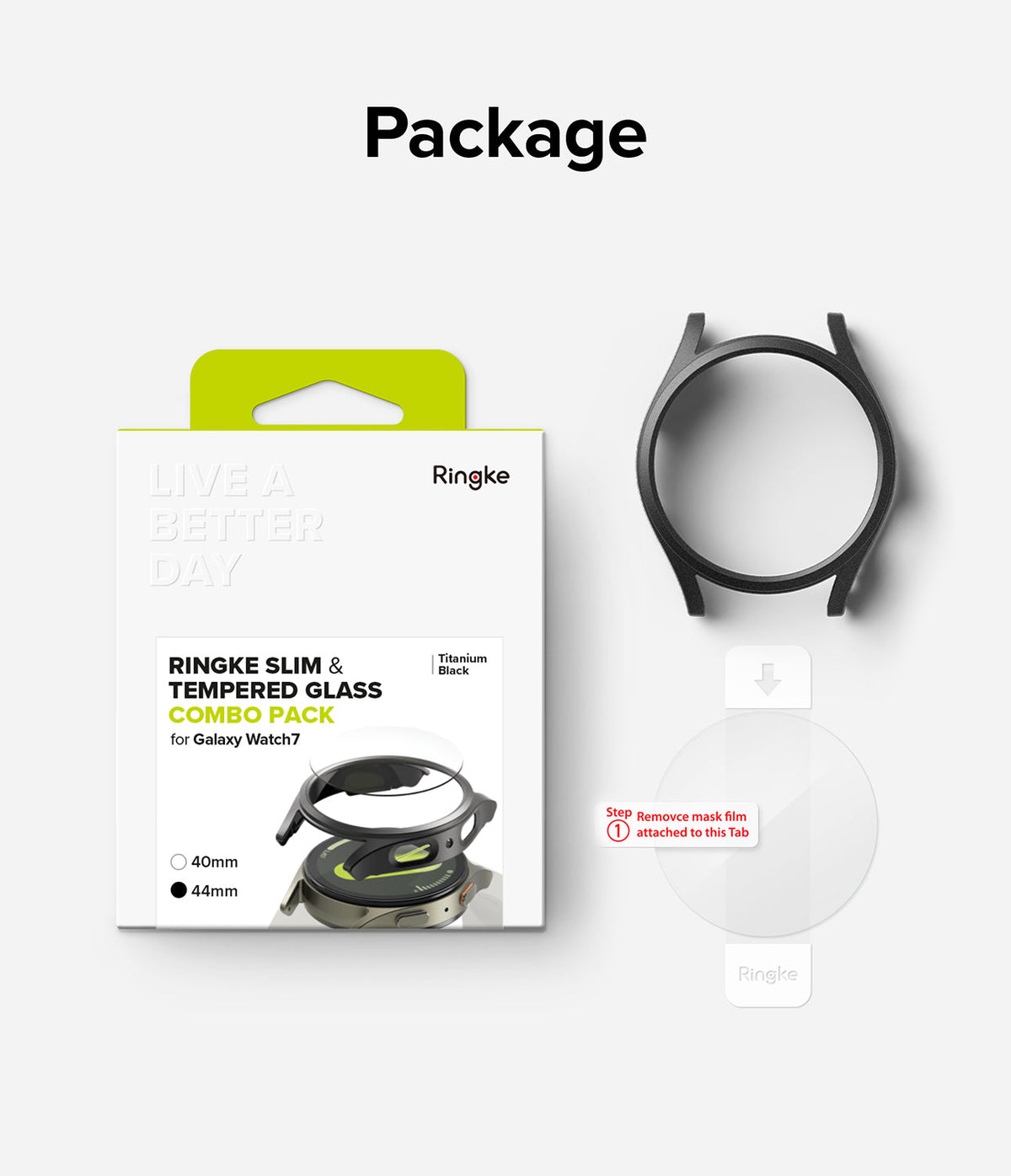 Galaxy Watch 7 (44mm) | Slim & Glass - Ringke combo pack with a black watch case and a tempered glass screen protector.