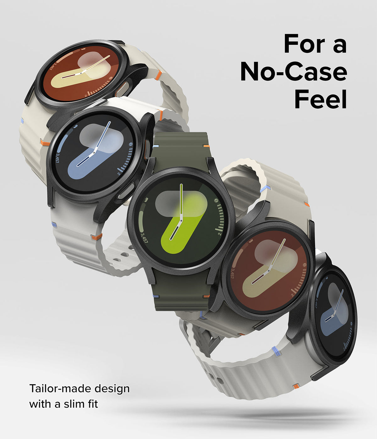 Galaxy Watch 7 (44mm) | Slim & Glass - Five Galaxy Watch 7 units in various colors floating diagonally against a light background.