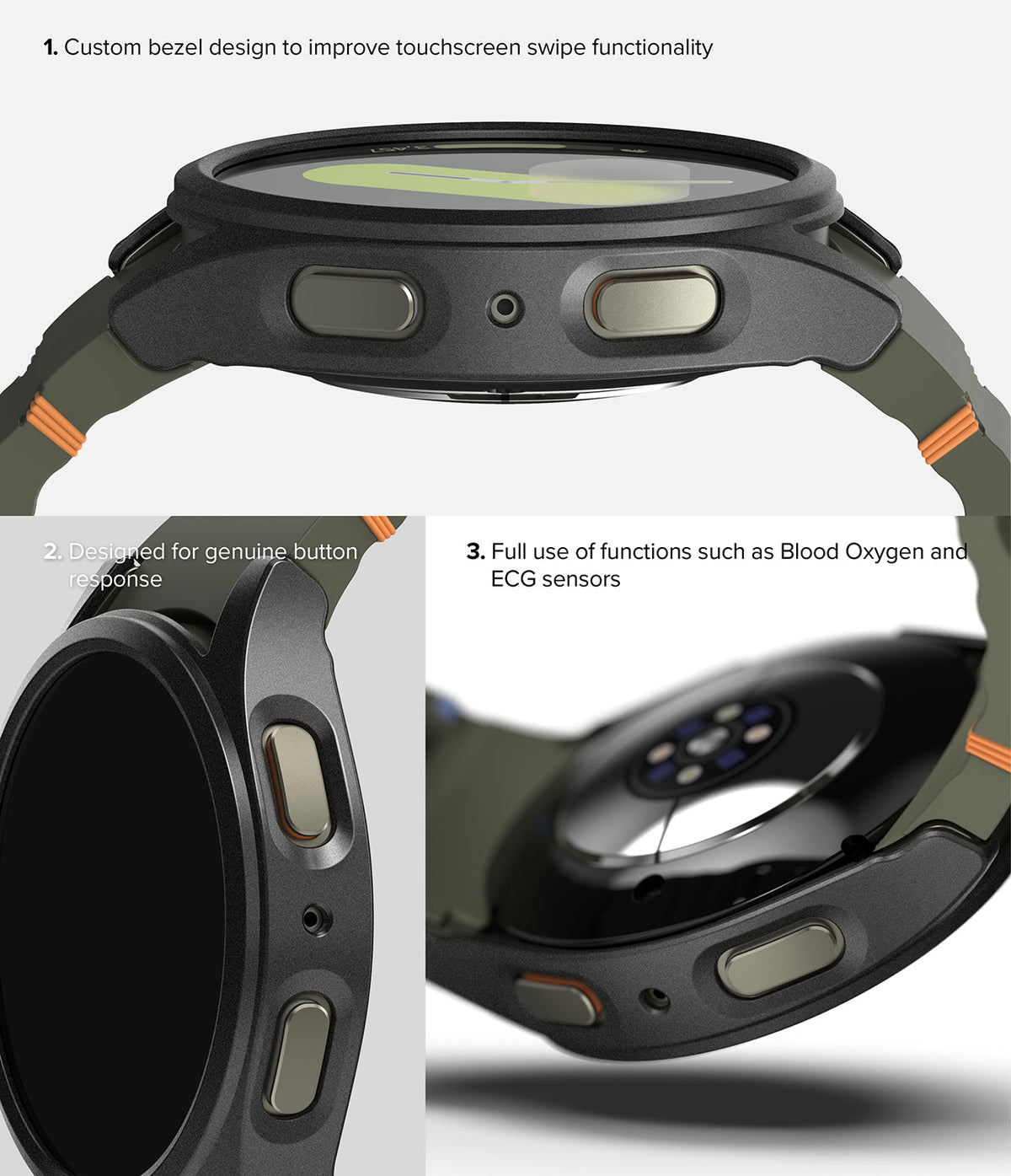 Galaxy Watch 7 (44mm) | Slim & Glass - Close-up views of a black watch case highlighting bezel, buttons, and sensor access.