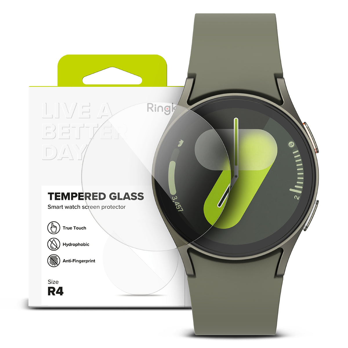Galaxy Watch 7 40mm Screen Protector | Glass - R4 - Tempered glass screen protector hovering over a green Galaxy Watch 7.