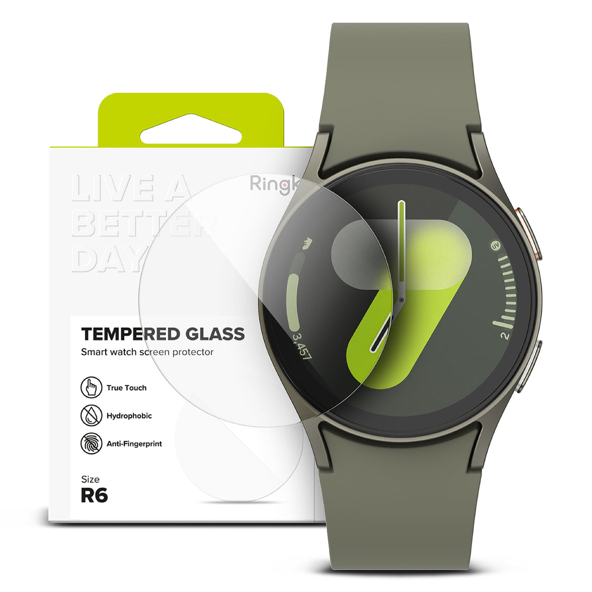 Galaxy Watch 7 44mm Screen Protector | Glass - R6 - Tempered glass screen protector hovering over a green Galaxy Watch 7.