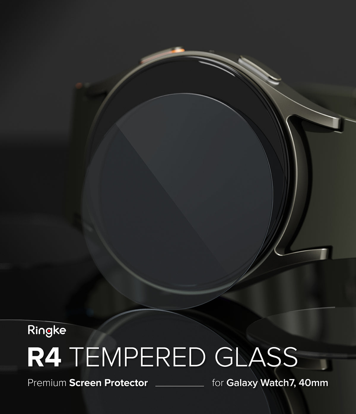 Galaxy Watch 7 40mm Screen Protector | Glass - R4 - A circular tempered glass screen protector hovering over a Galaxy Watch 7.