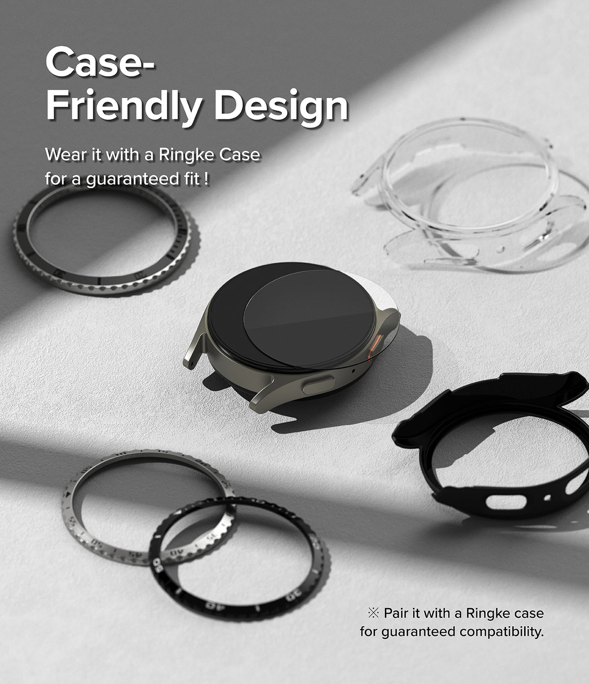 Galaxy Watch 7 40mm Screen Protector | Glass - R4 - Galaxy Watch 7 with screen protector surrounded by various cases.