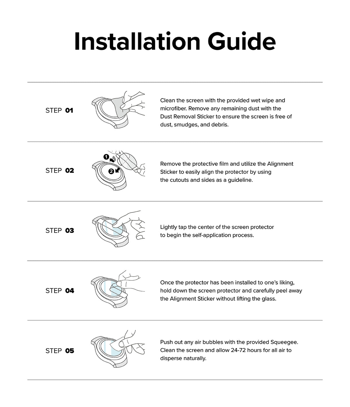 Galaxy Watch 7 40mm Screen Protector | Glass - R4 - Galaxy Watch 7 40mm Screen Protector - Five-step illustrated guide for installing a watch screen protector.