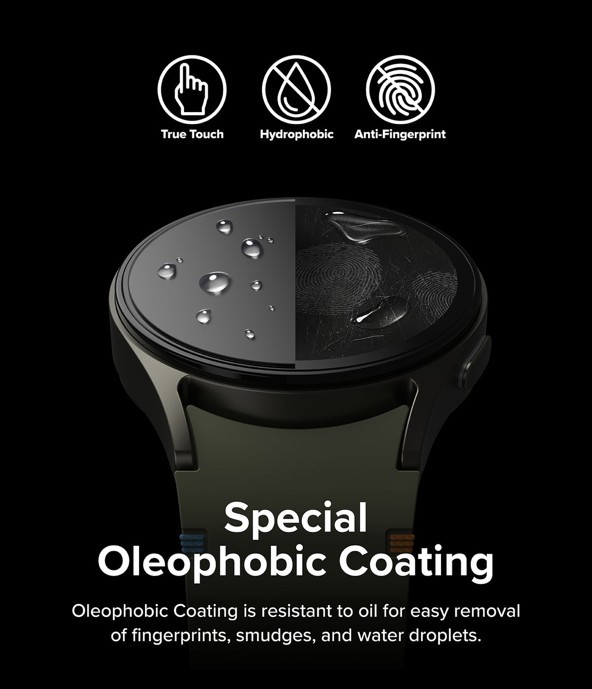 Galaxy Watch 7 40mm Screen Protector | Glass - R4 - Galaxy Watch 7 40mm Screen Protector - Split-screen watch face showing water and fingerprint resistance features.