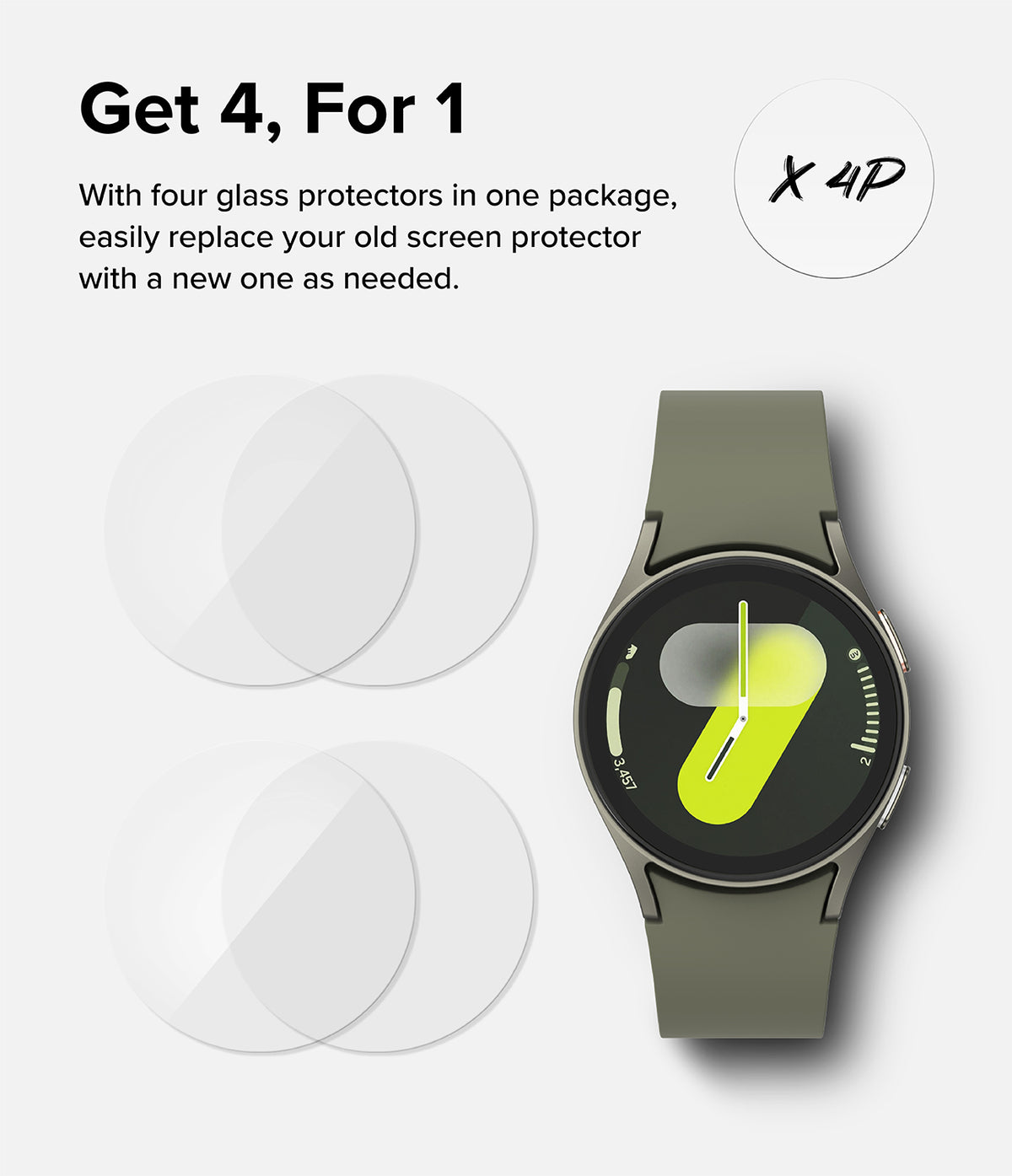 Galaxy Watch 7 40mm Screen Protector | Glass - R4 - Four circular glass screen protectors beside a green Galaxy Watch 7.