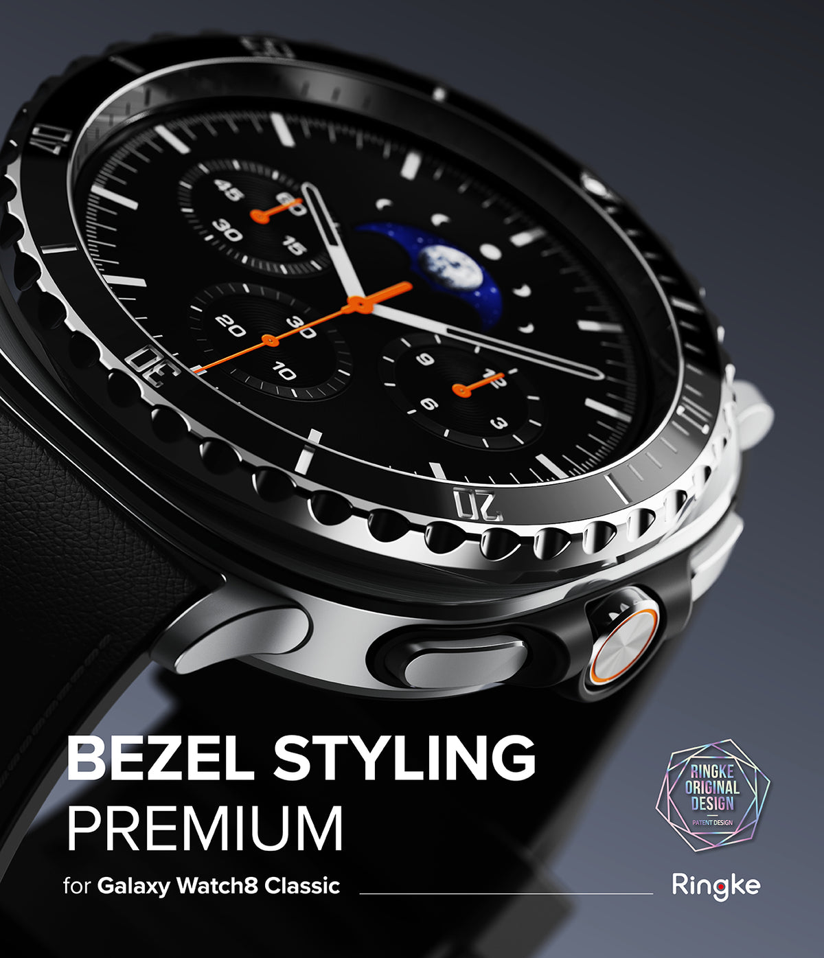Galaxy Watch 8 Classic 46mm | Bezel Styling Premium - Close-up of a metallic, notched watch bezel on a black smartwatch.