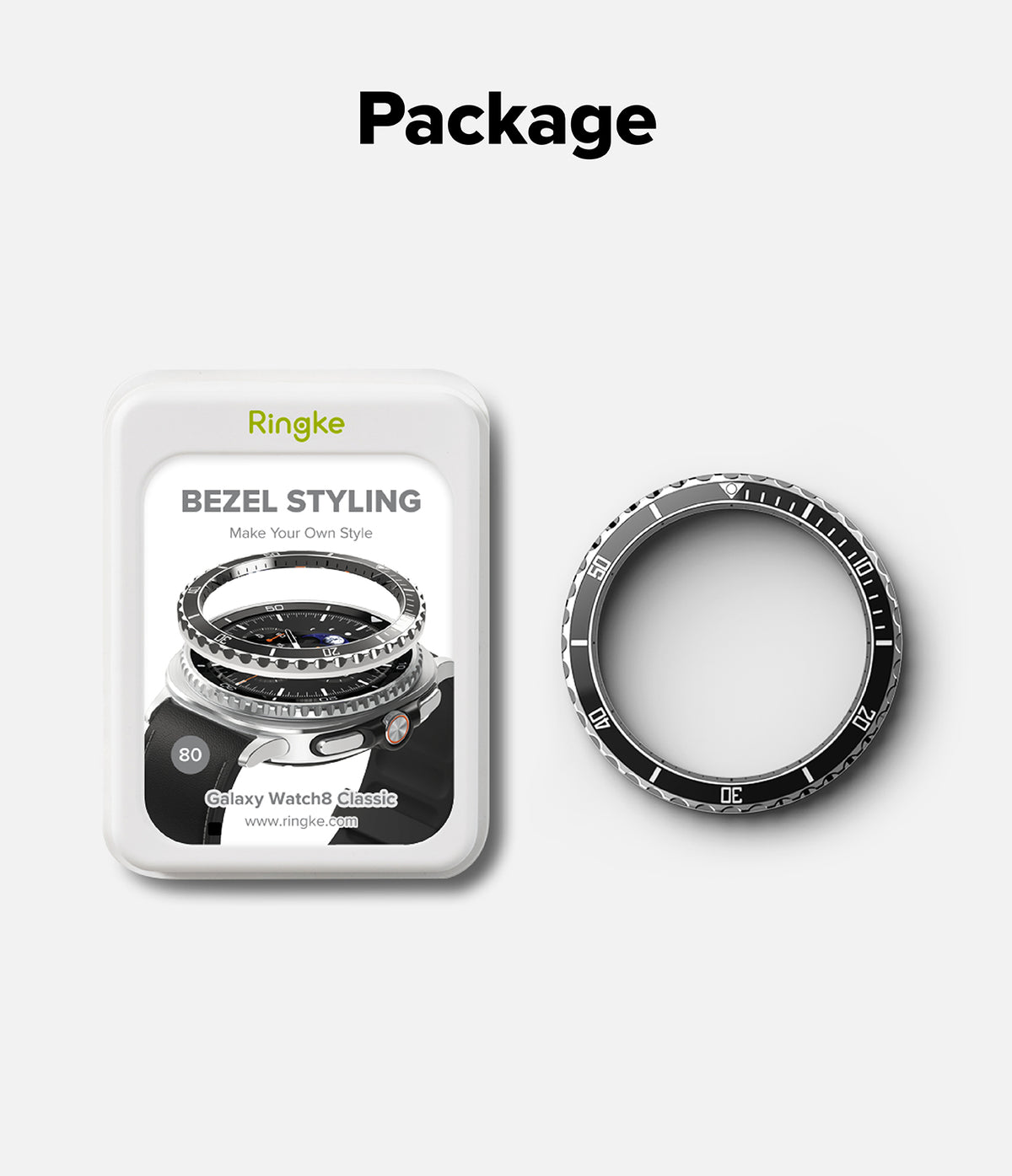 Galaxy Watch 8 Classic 46mm | Bezel Styling Premium - Ringke bezel styling packaging next to a black watch bezel ring.