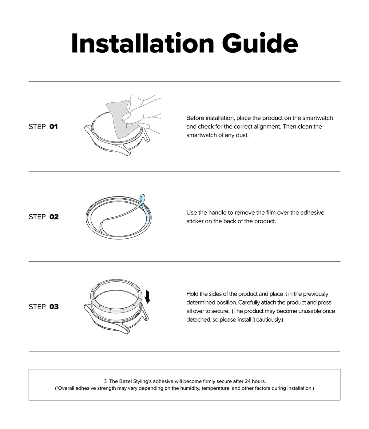 Galaxy Watch 8 Classic 46mm | Bezel Styling Premium - Three-step installation guide for attaching a watch bezel ring.