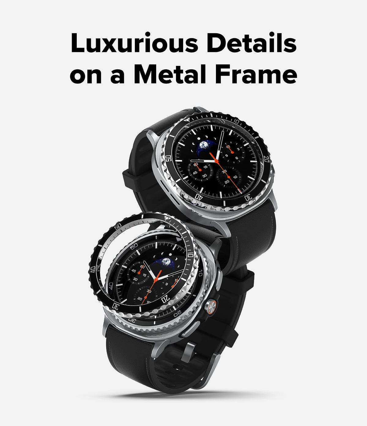 Galaxy Watch 8 Classic 46mm | Bezel Styling Premium - Two Galaxy watches with black leather bands and metallic bezels.