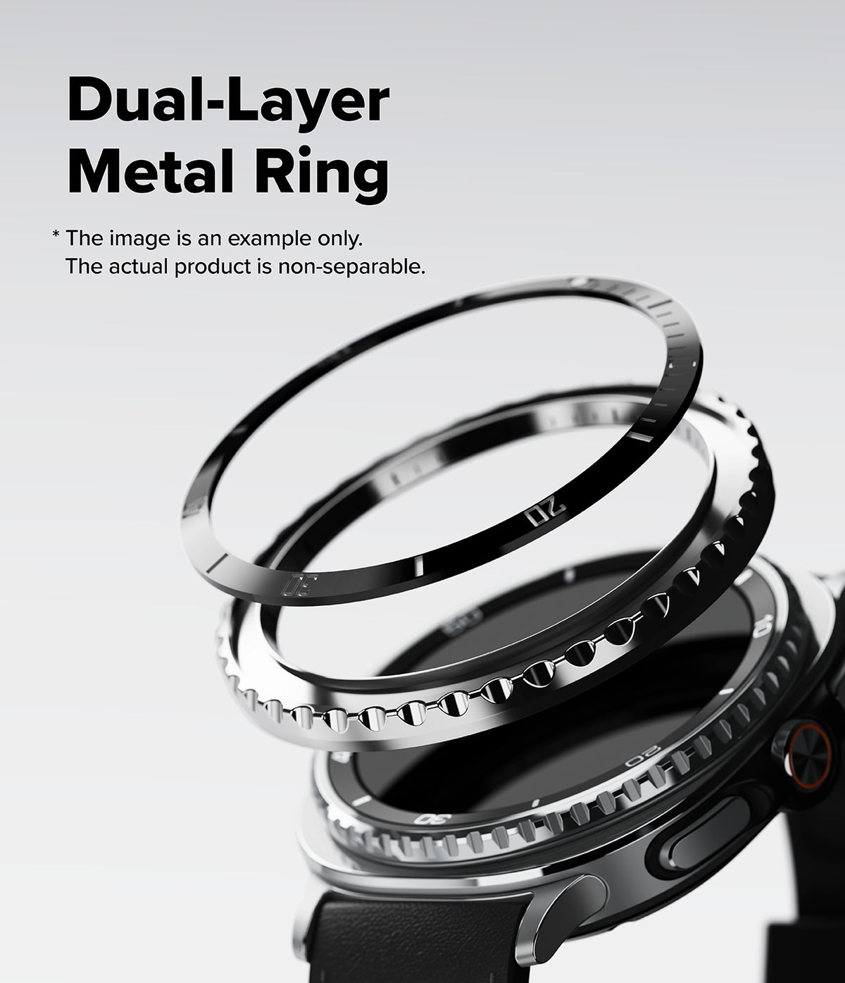 Galaxy Watch 8 Classic 46mm | Bezel Styling Premium - Exploded view of a dual-layer metal watch bezel above a smartwatch.