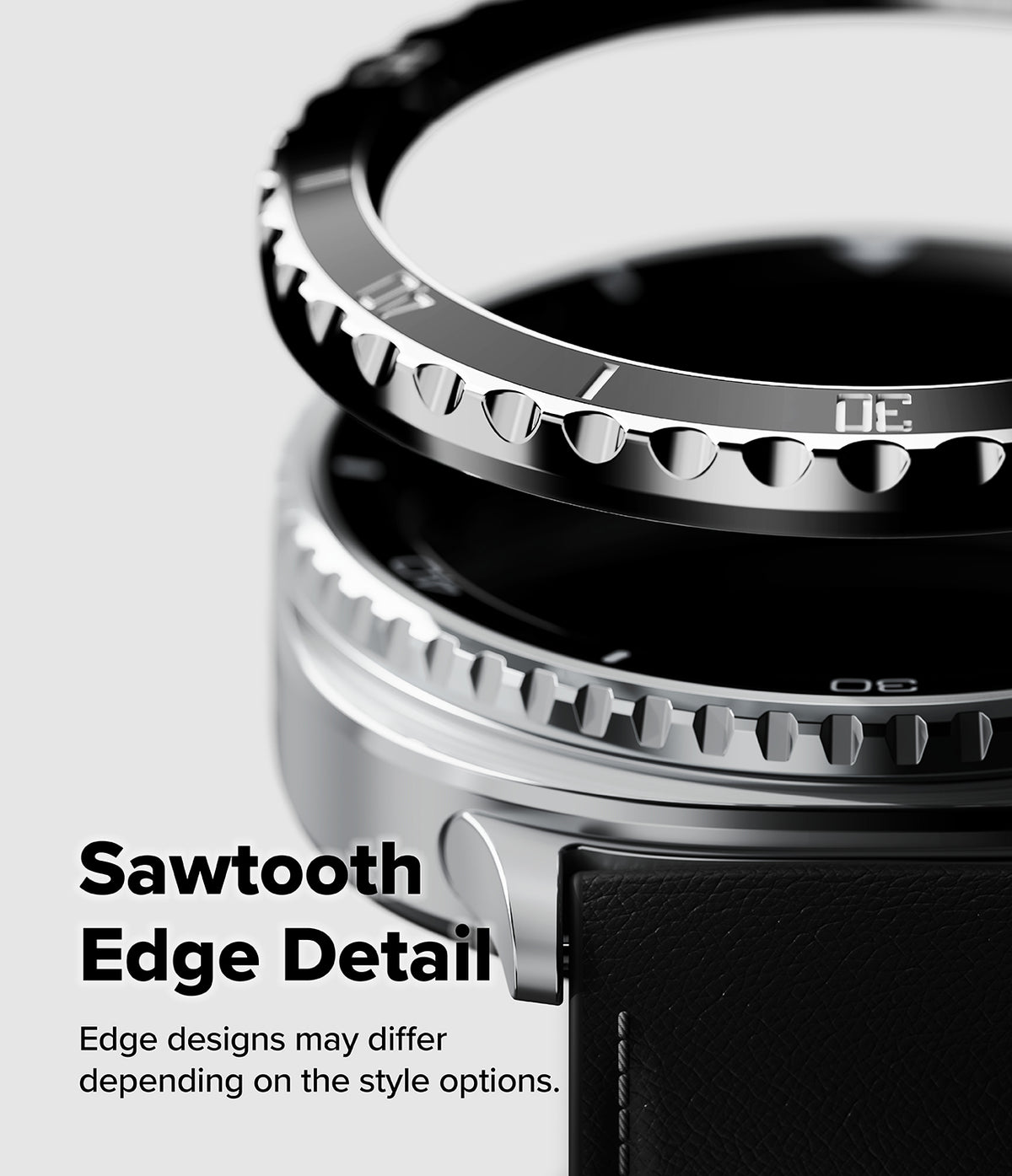 Galaxy Watch 8 Classic 46mm | Bezel Styling Premium - Close-up of a metallic watch bezel with a sawtooth edge design.