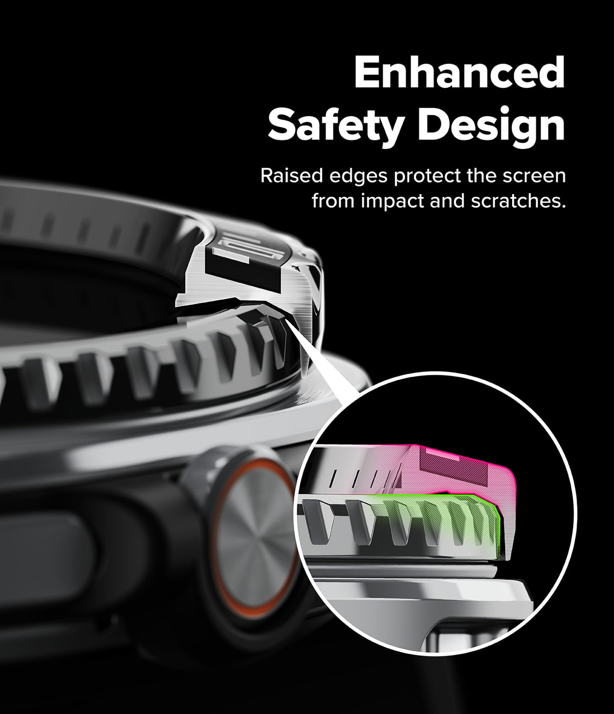 Galaxy Watch 8 Classic 46mm | Bezel Styling Premium - Close-up of watch bezel with a circular inset highlighting raised edges for screen protection.