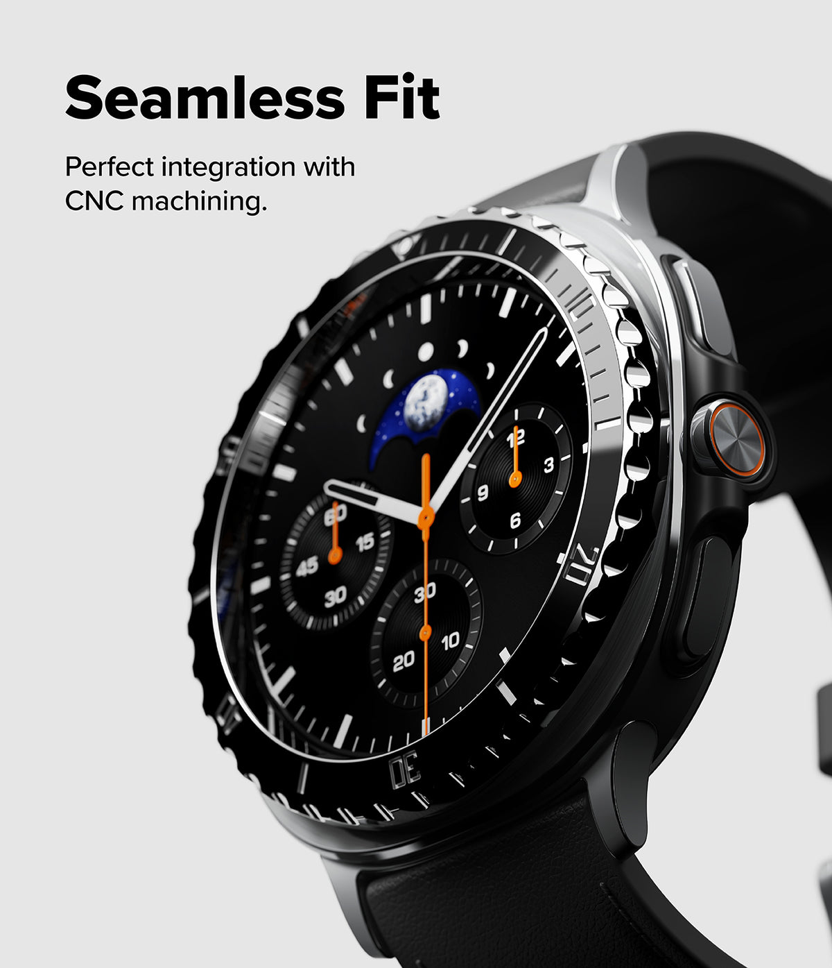 Galaxy Watch 8 Classic 46mm | Bezel Styling Premium - Close-up of a black smartwatch with a metallic, CNC-machined bezel and a moon phase watch face.