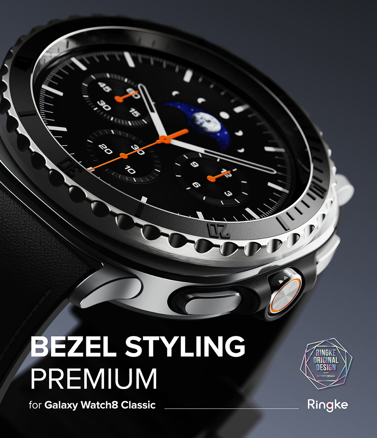 Galaxy Watch 8 Classic 46mm | Bezel Styling Premium - Close-up of a black, textured metal watch bezel on a smartwatch.